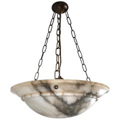 Antique Stunning Early 1900s Arts & Crafts White and Black Veins Alabaster Pendant Light