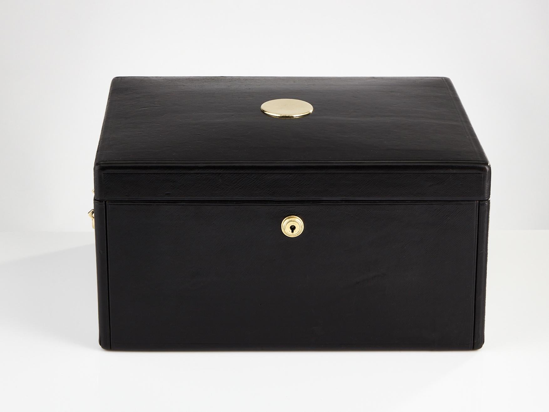 English Antique early 20th Century Black Leather Document Box, circa 1910 For Sale