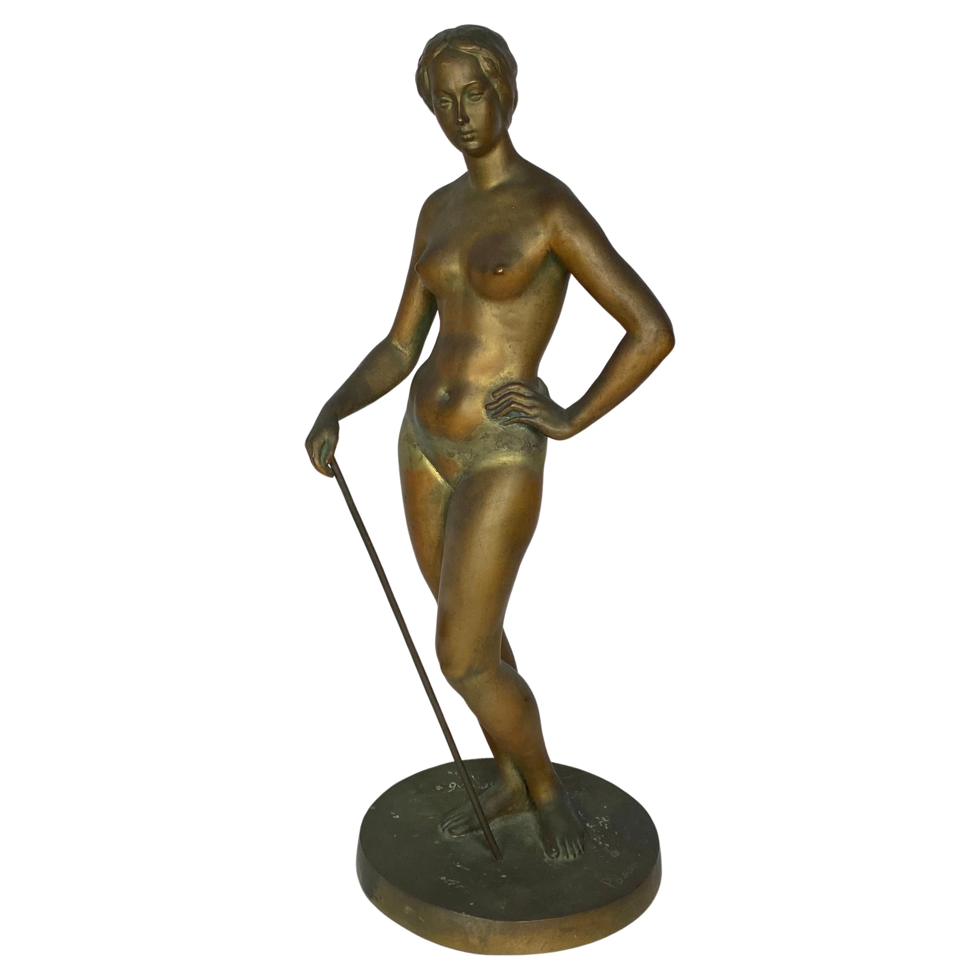 Stunning early 20th century bronze " Woman with cane" signed. very unusual ! For Sale