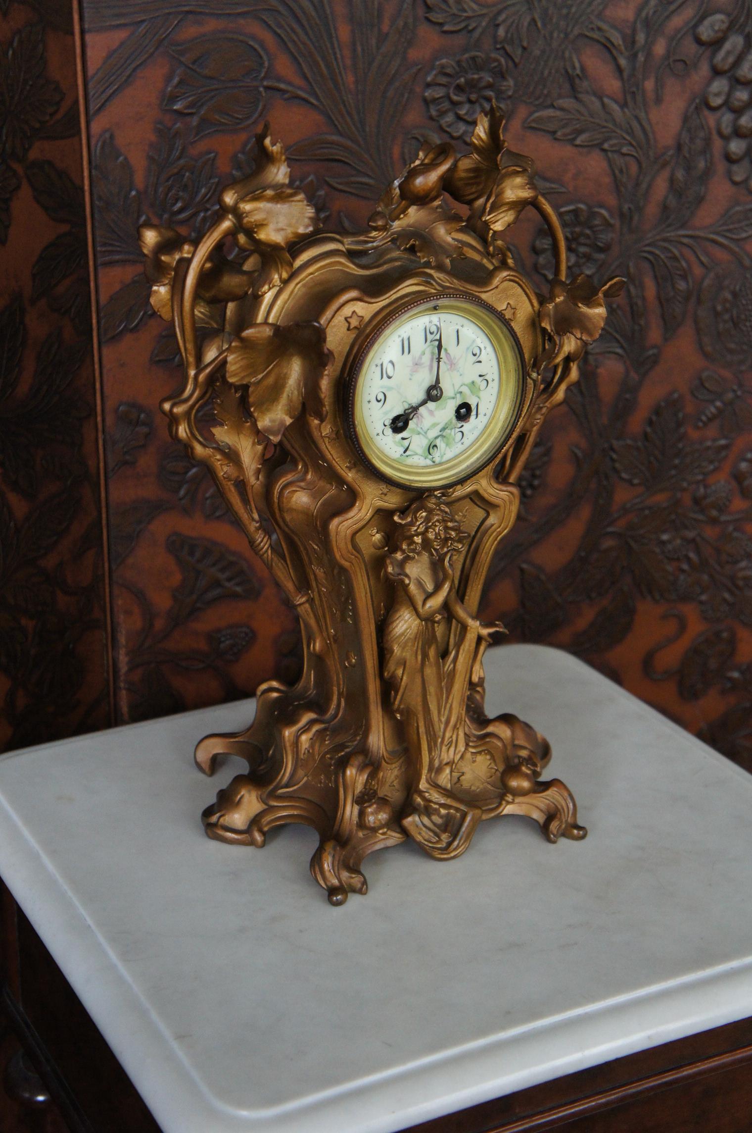 Stunning Early 20th Century Golden Color Art Nouveau Table or Mantel Clock 13