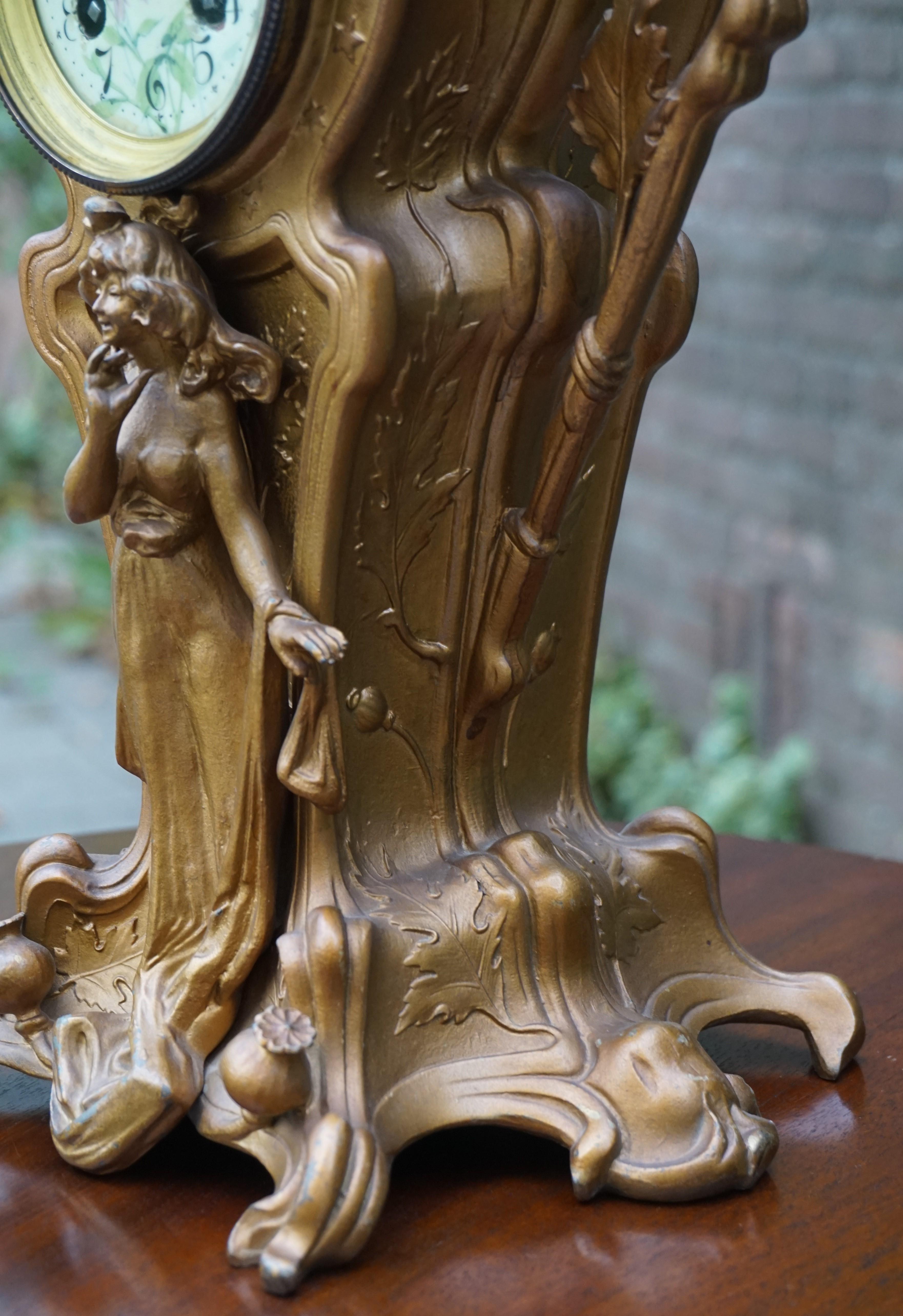 French Stunning Early 20th Century Golden Color Art Nouveau Table or Mantel Clock