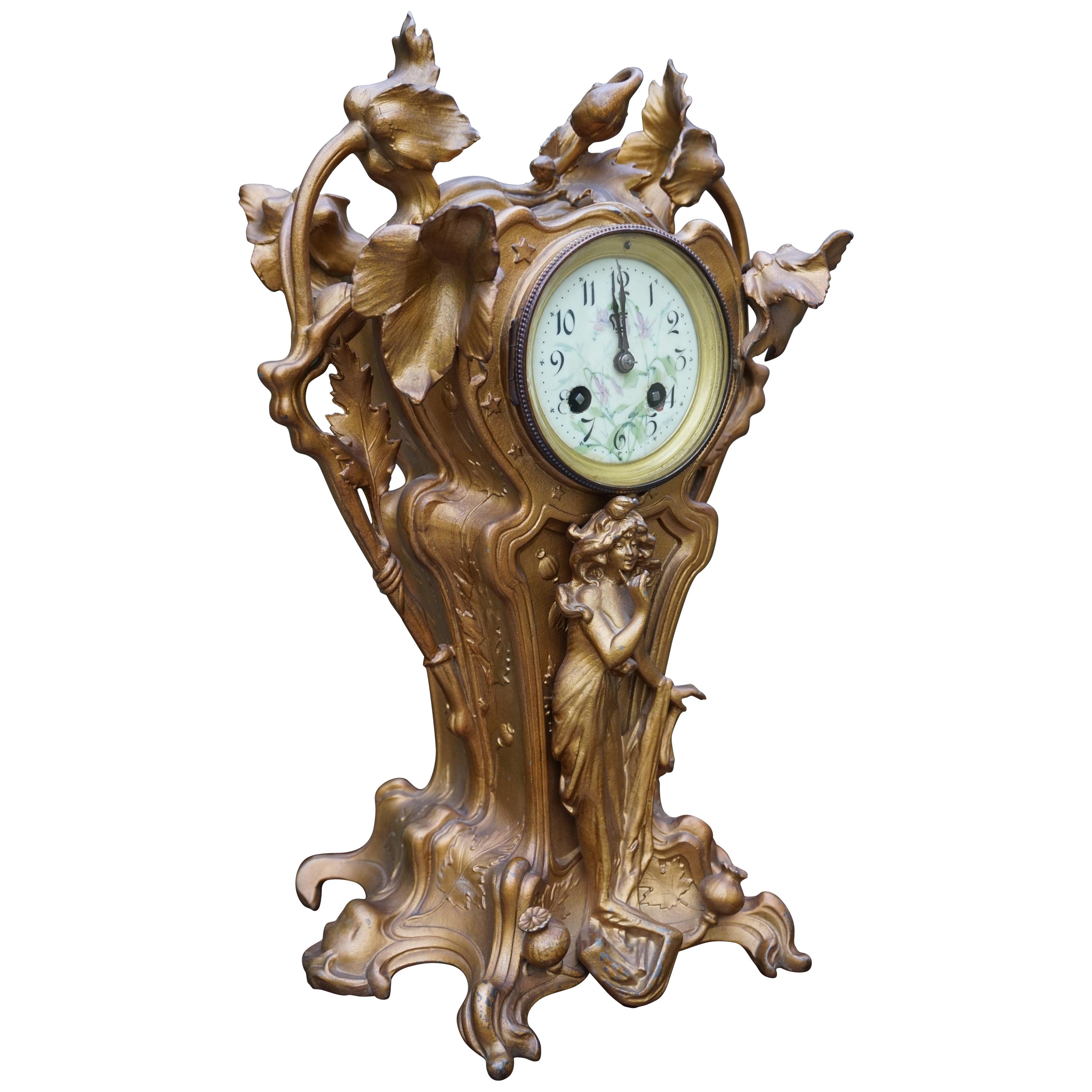 Stunning Early 20th Century Golden Color Art Nouveau Table or Mantel Clock