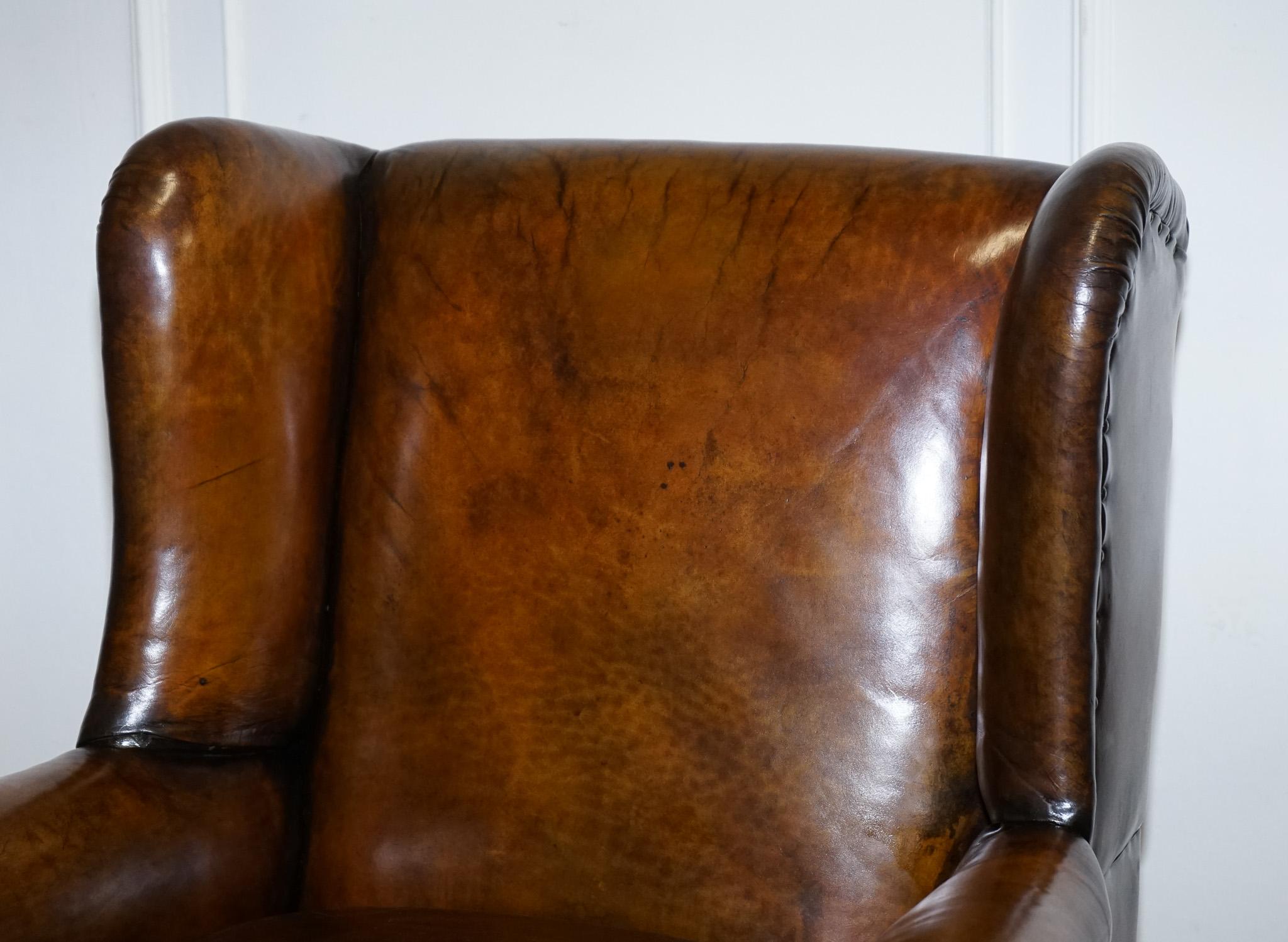 Hand-Crafted STUNNING EARLY VICTORIAN HAND DYED BROWN LEATHER READING LOUNGE ARMCHAiR For Sale