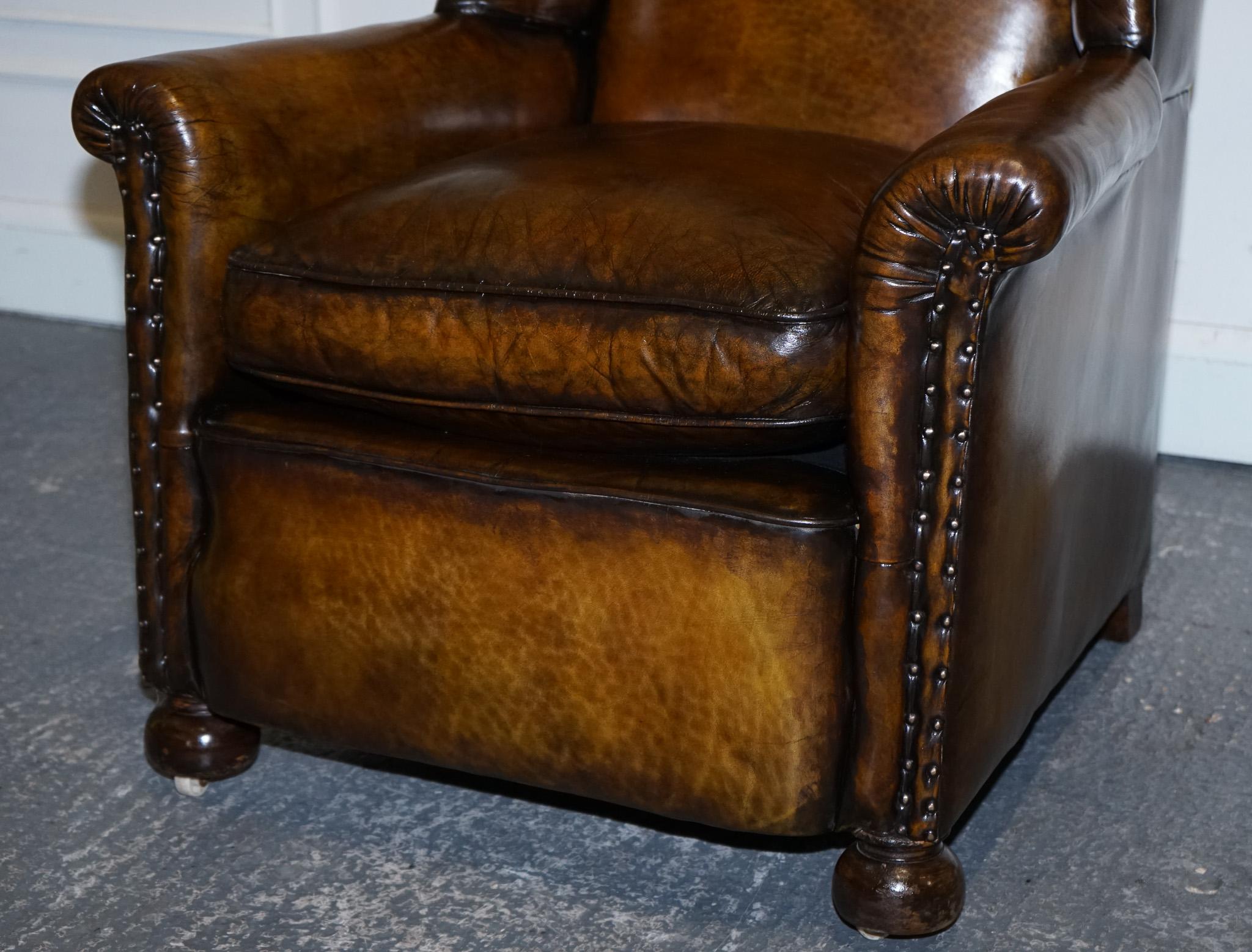 STUNNING EARLY VICTORIAN HAND DYED BROWN LEATHER READING LOUNGE ARMCHAiR In Good Condition For Sale In Pulborough, GB