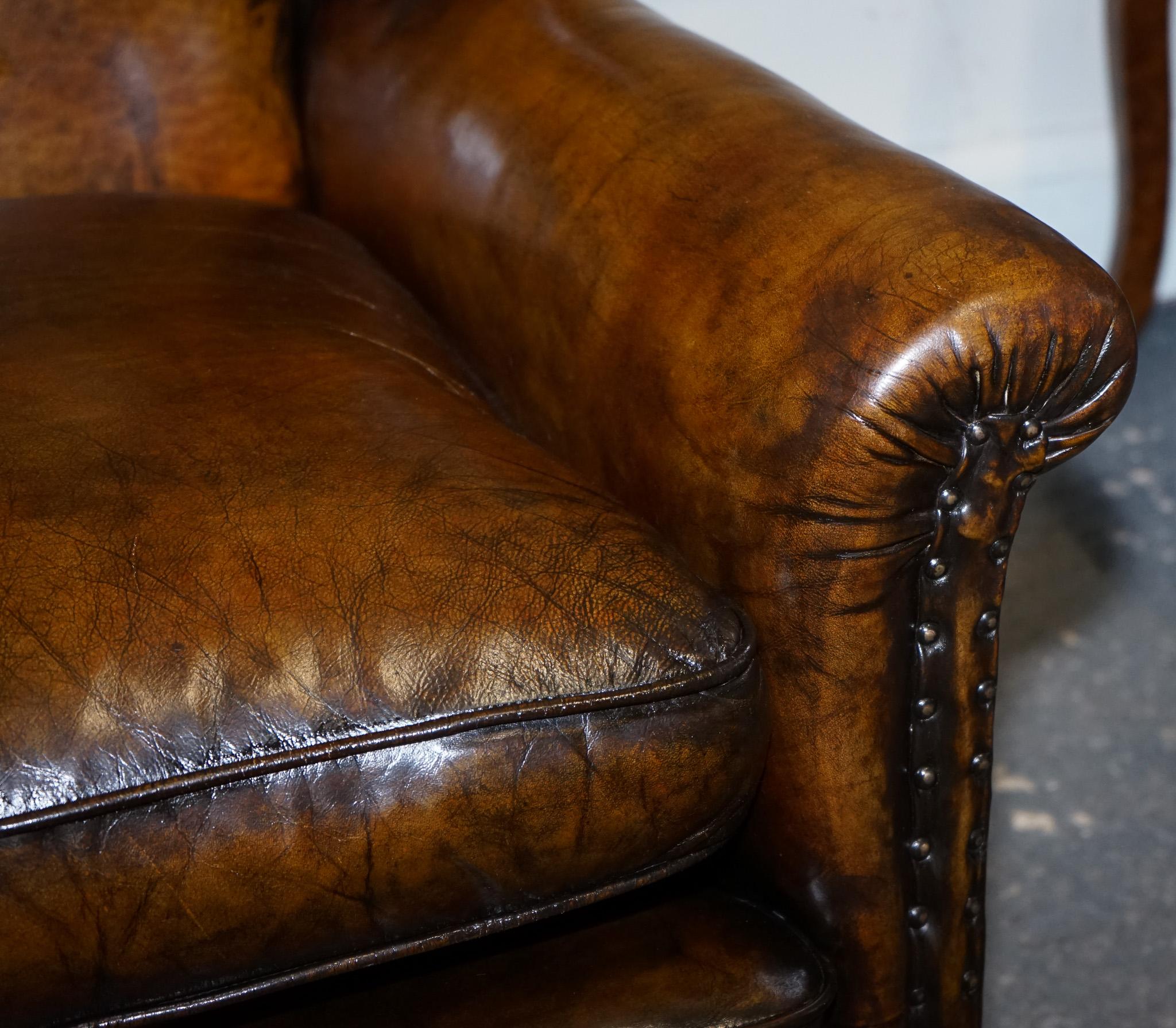 Leather STUNNING EARLY VICTORIAN HAND DYED BROWN LEATHER READING LOUNGE ARMCHAiR For Sale
