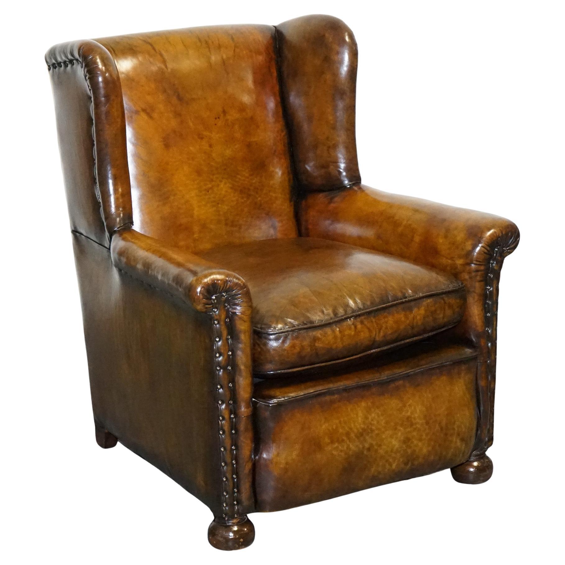 STUNNING EARLY VICTORIAN HAND DYED BROWN LEATHER READING LOUNGE ARMCHAiR For Sale