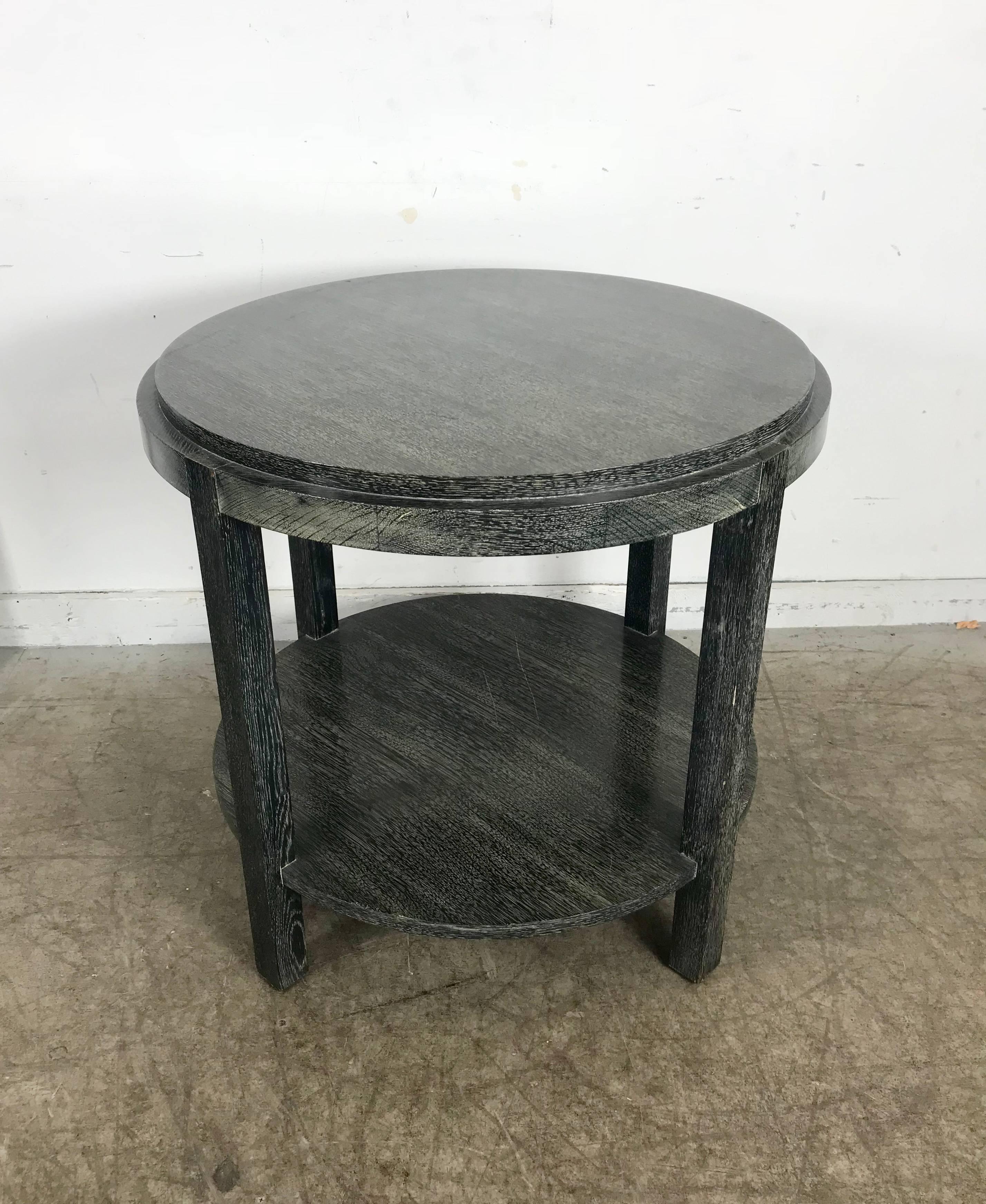 Stunning ebonized cerused oak center or lamp table attributed to James Mont, classic modernist styling, wonderful original finish and condition.