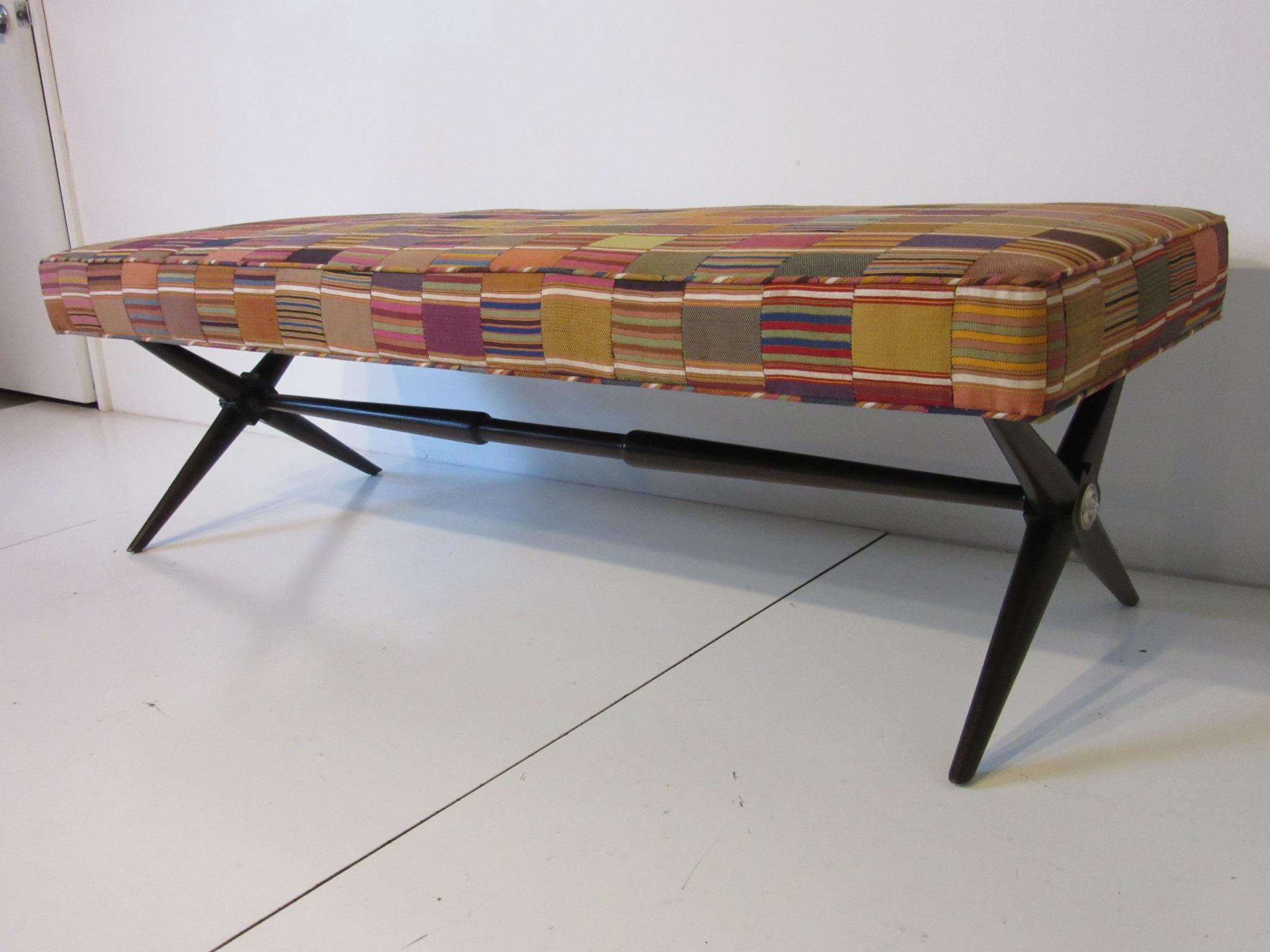 Mid-Century Modern Stunning Ebony X-Based Bench with Handloomed Fabric