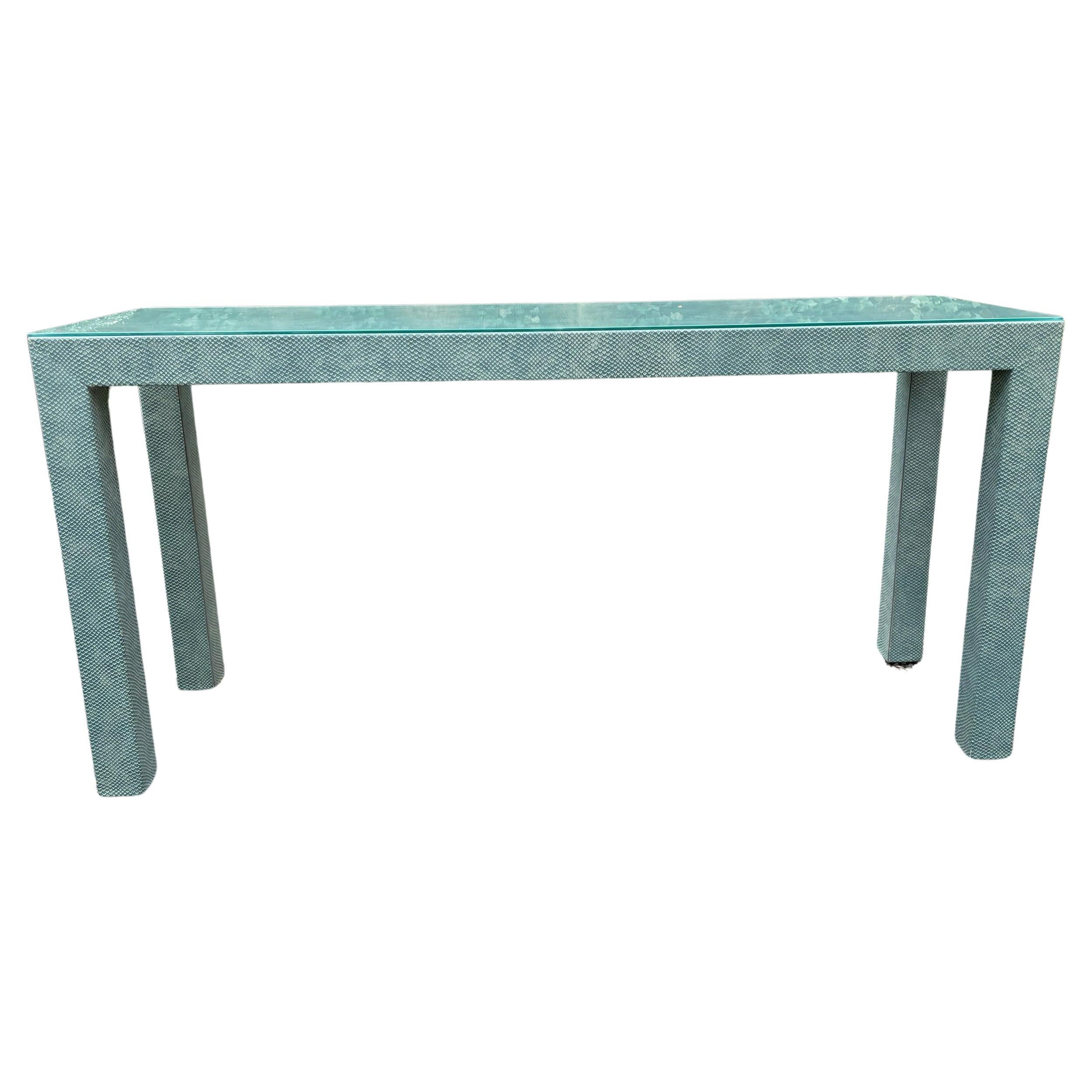 Stunning Edelman Blue Green Leather Wrapped Parsons Style Console Table
