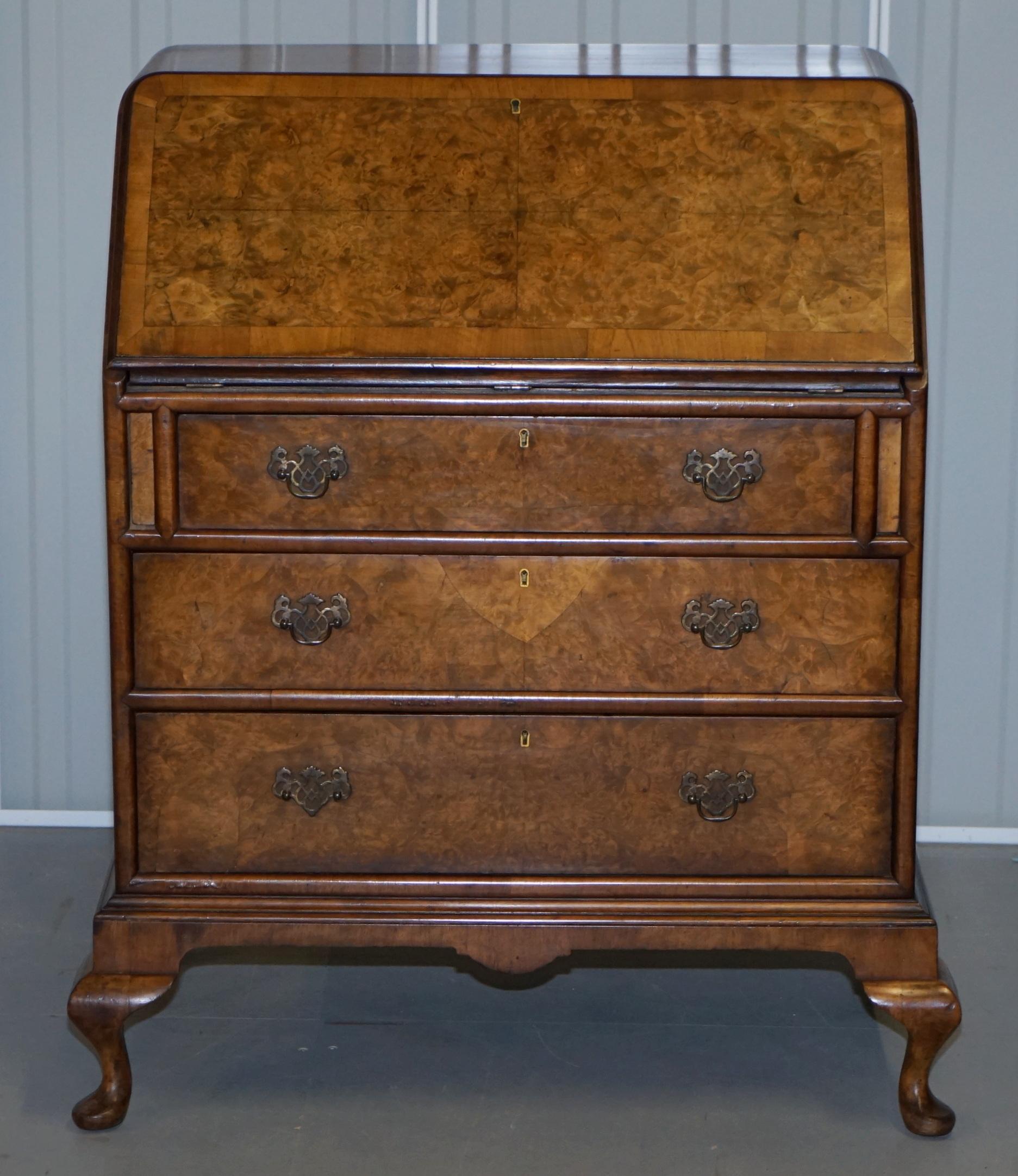 We are delighted to offer for sale this lovely vintage Edwardian burr walnut writing bureau with drop front brown leather writing surface

A good looking well made and decorative piece, the burr walnut timber patina is simply glorious, I love it