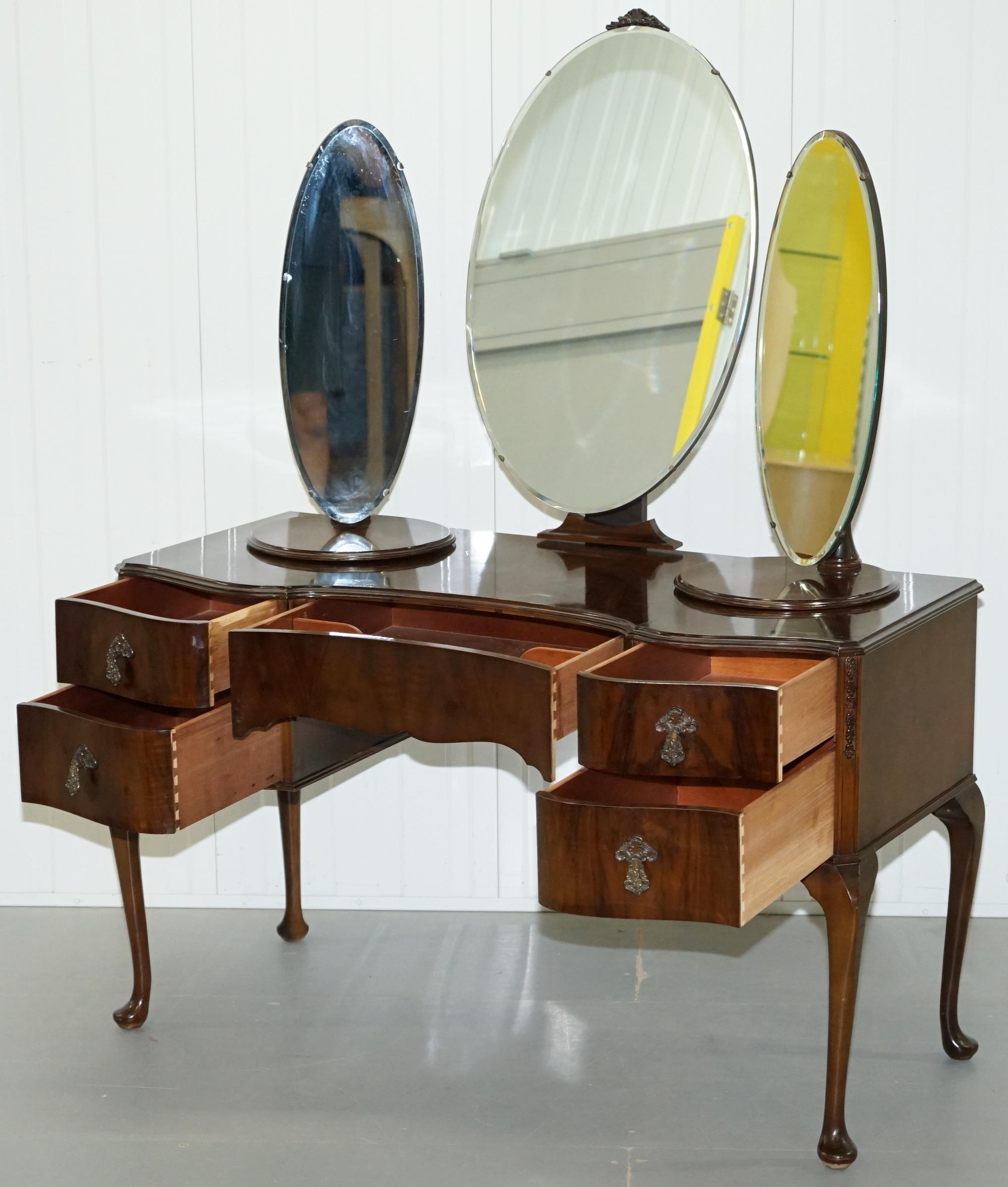 Stunning Edwardian Mahogany Dressing Table with Swivel Side Mirrors and Stool 11