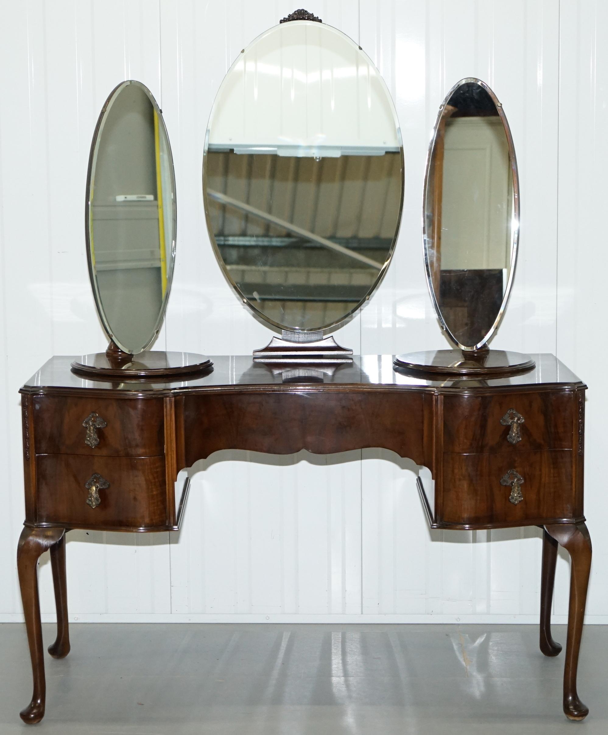 English Stunning Edwardian Mahogany Dressing Table with Swivel Side Mirrors and Stool