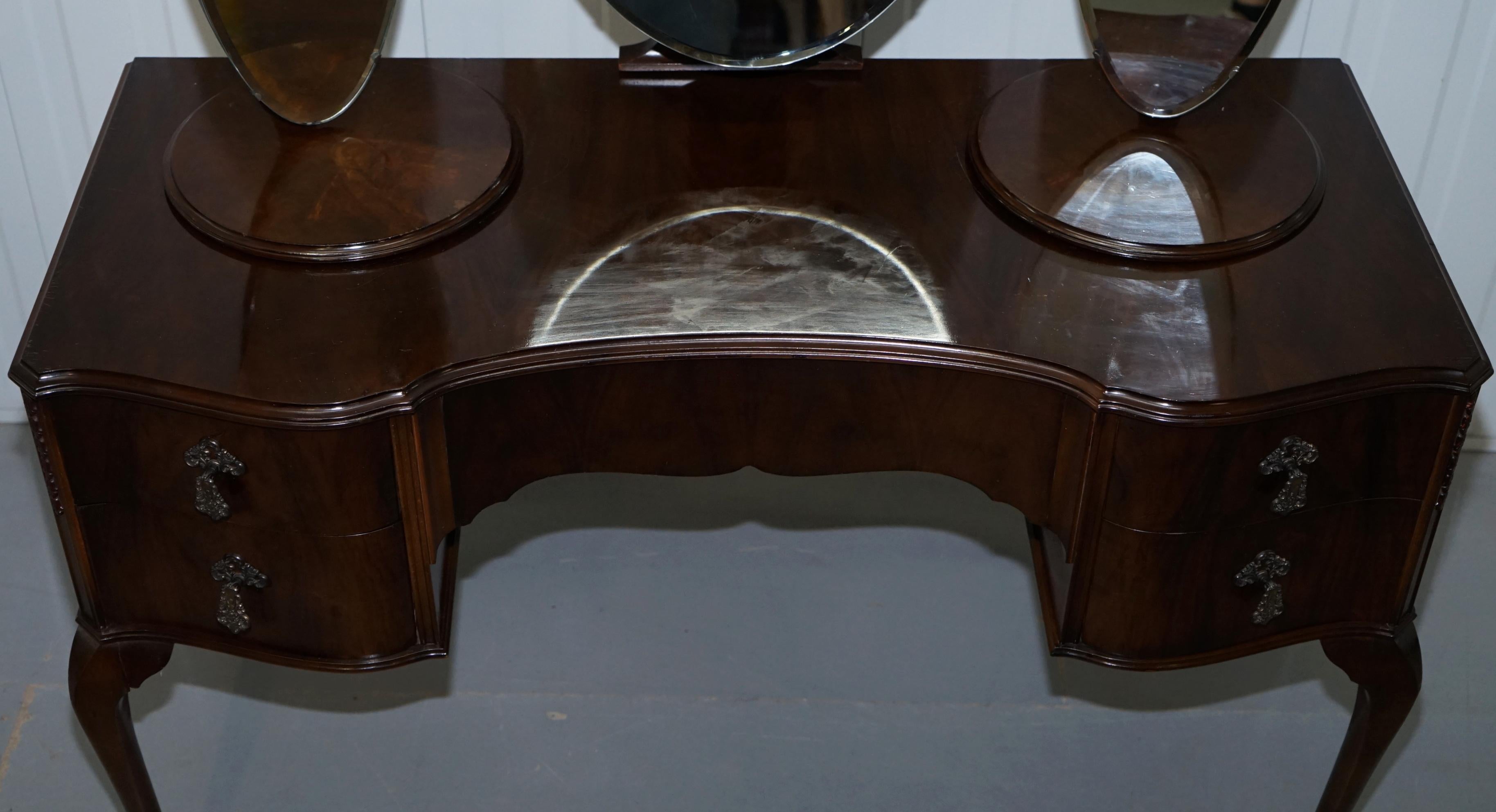 Stunning Edwardian Mahogany Dressing Table with Swivel Side Mirrors and Stool 2