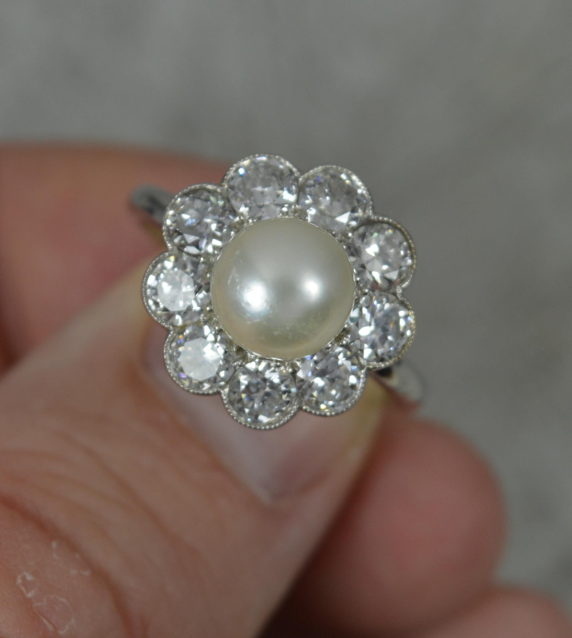 Stunning Edwardian Platinum Pearl and 2ct Old Cut Diamond Cluster Ring 5