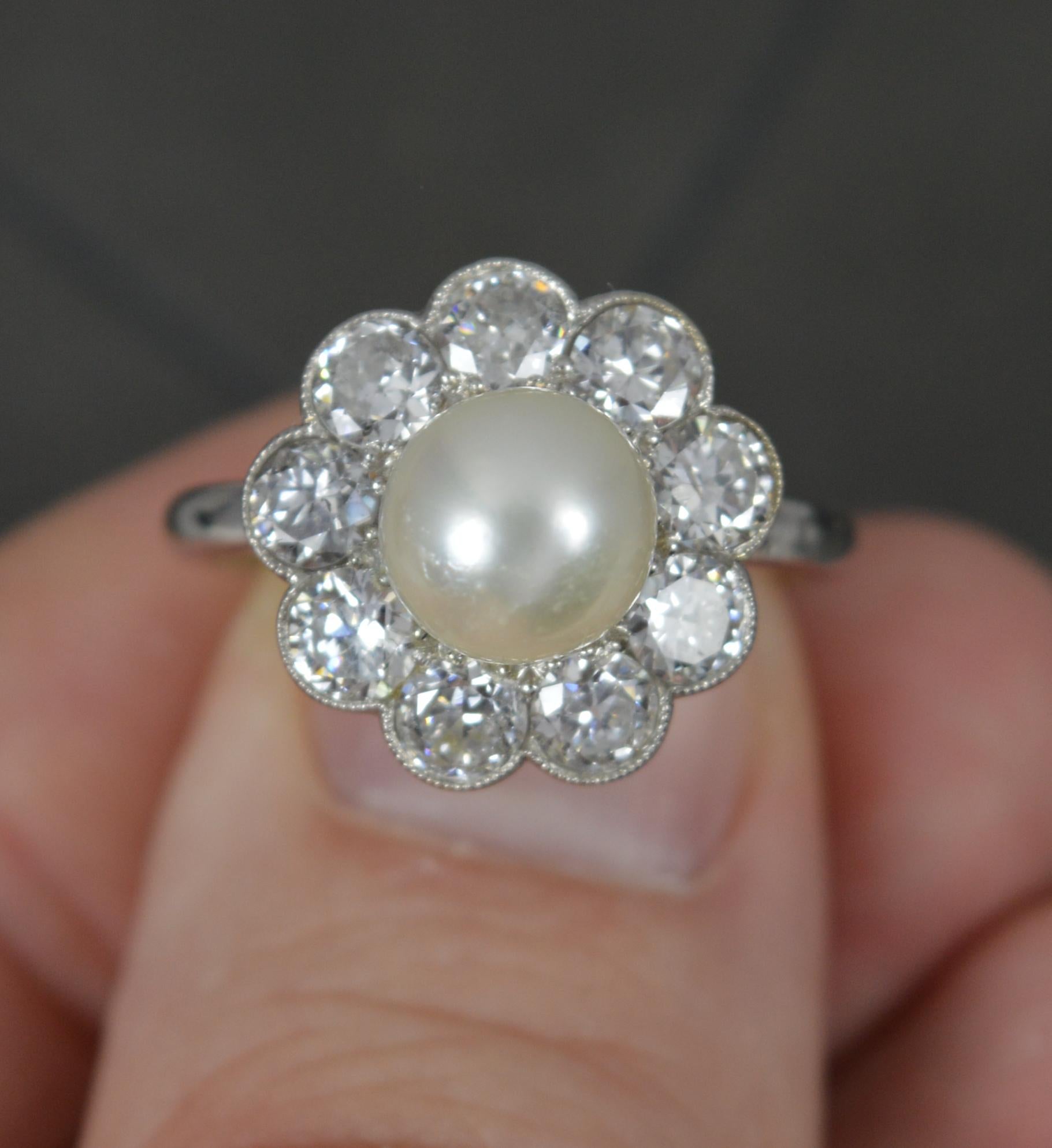 Stunning Edwardian Platinum Pearl and 2ct Old Cut Diamond Cluster Ring 6