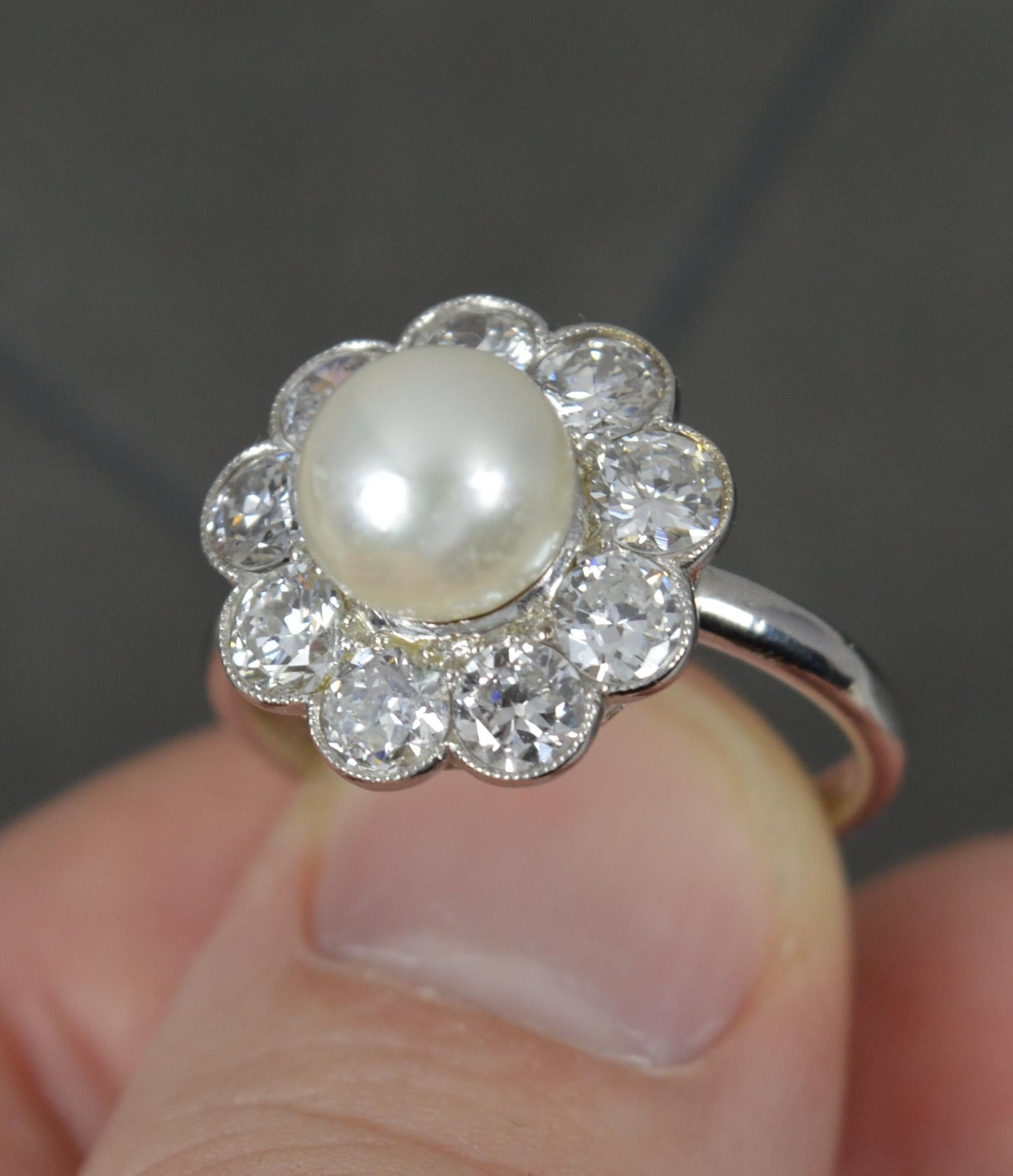 Stunning Edwardian Platinum Pearl and 2ct Old Cut Diamond Cluster Ring For Sale 7