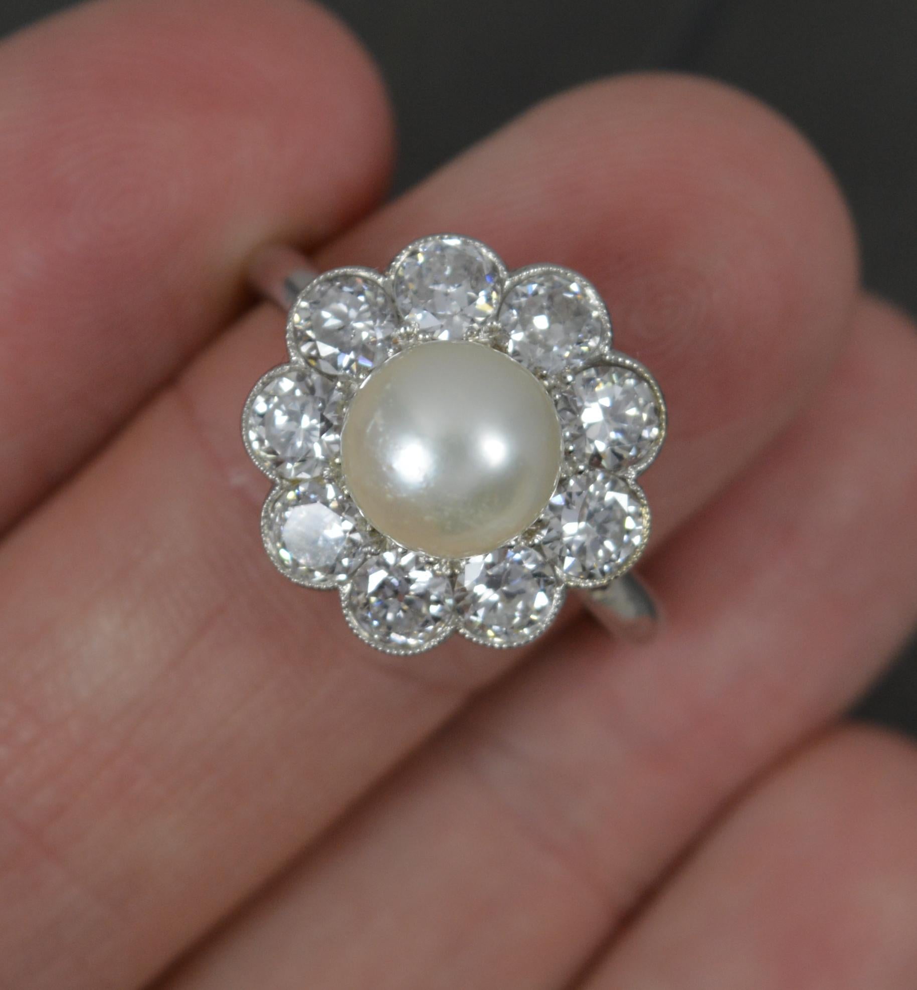Stunning Edwardian Platinum Pearl and 2ct Old Cut Diamond Cluster Ring For Sale 8