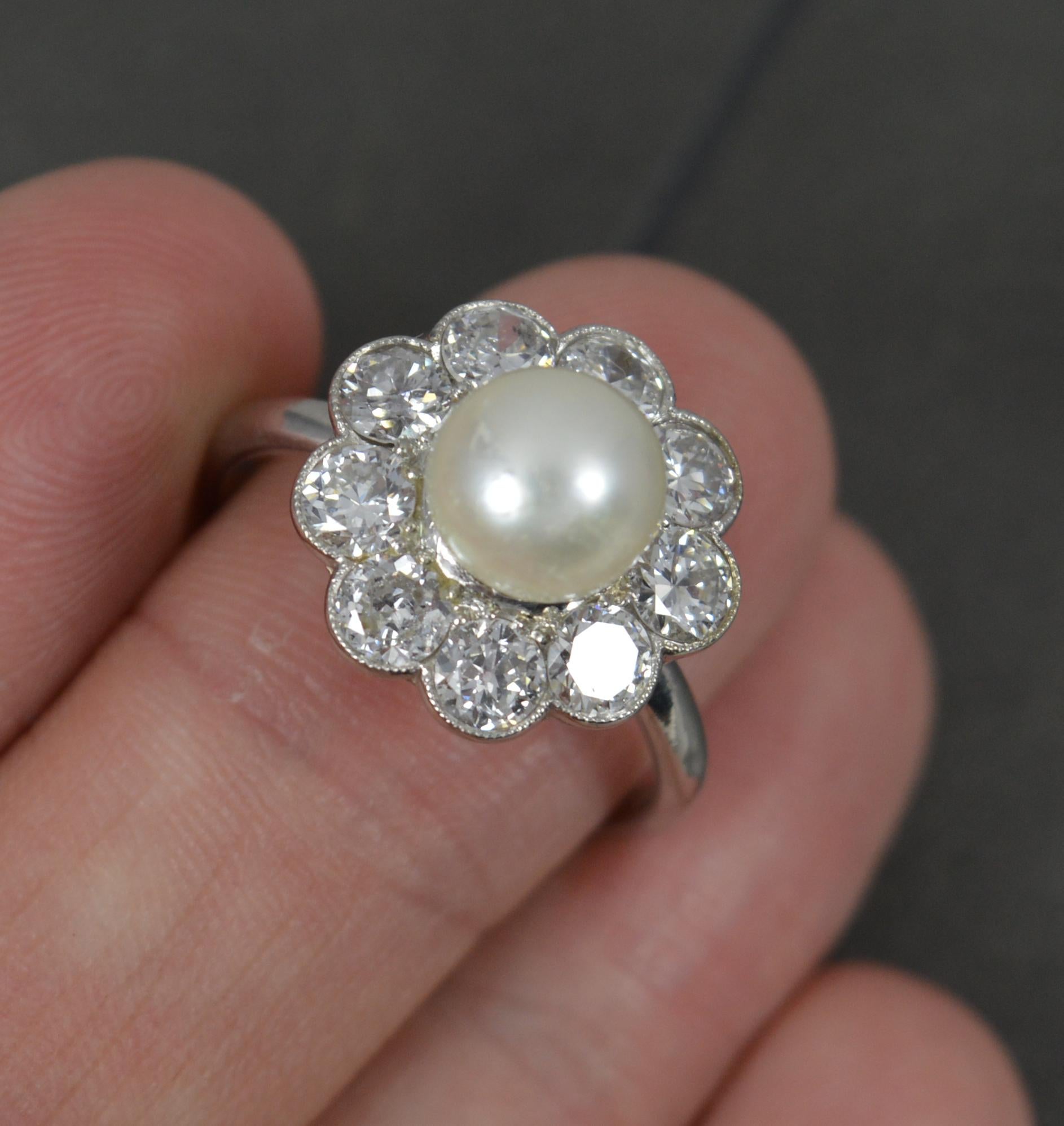 Stunning Edwardian Platinum Pearl and 2ct Old Cut Diamond Cluster Ring For Sale 9