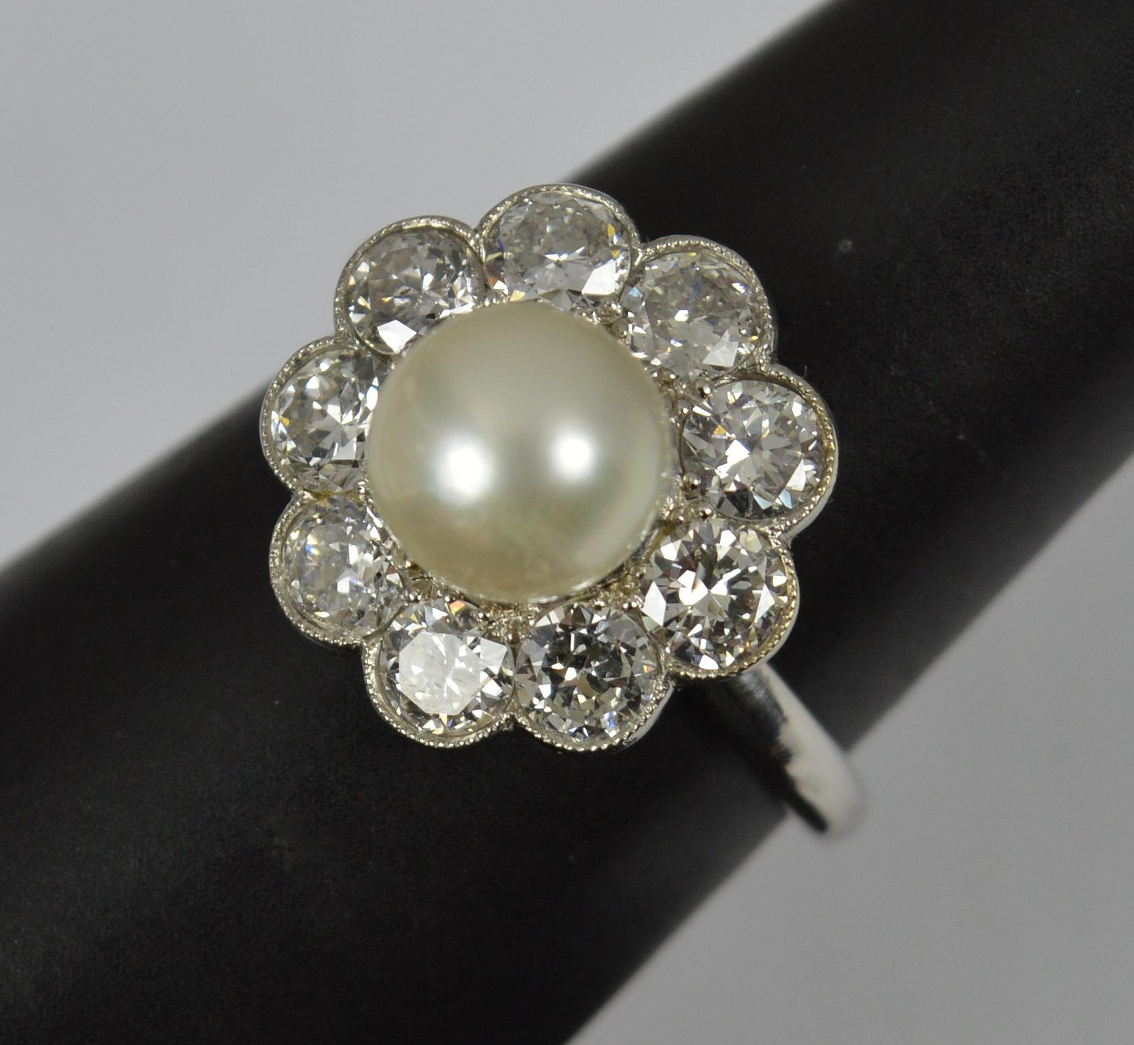 Stunning Edwardian Platinum Pearl and 2ct Old Cut Diamond Cluster Ring 10