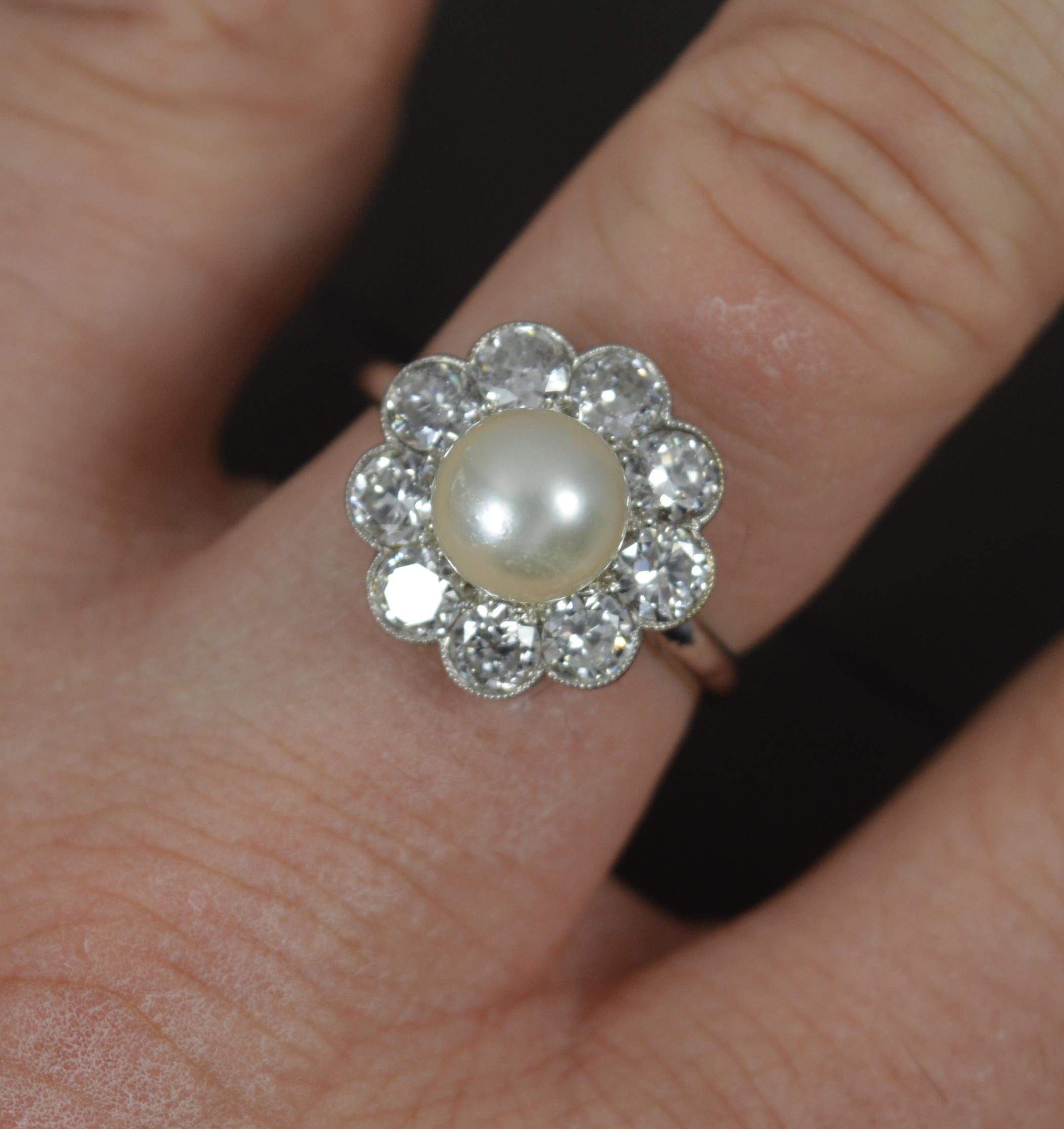 Round Cut Stunning Edwardian Platinum Pearl and 2ct Old Cut Diamond Cluster Ring For Sale