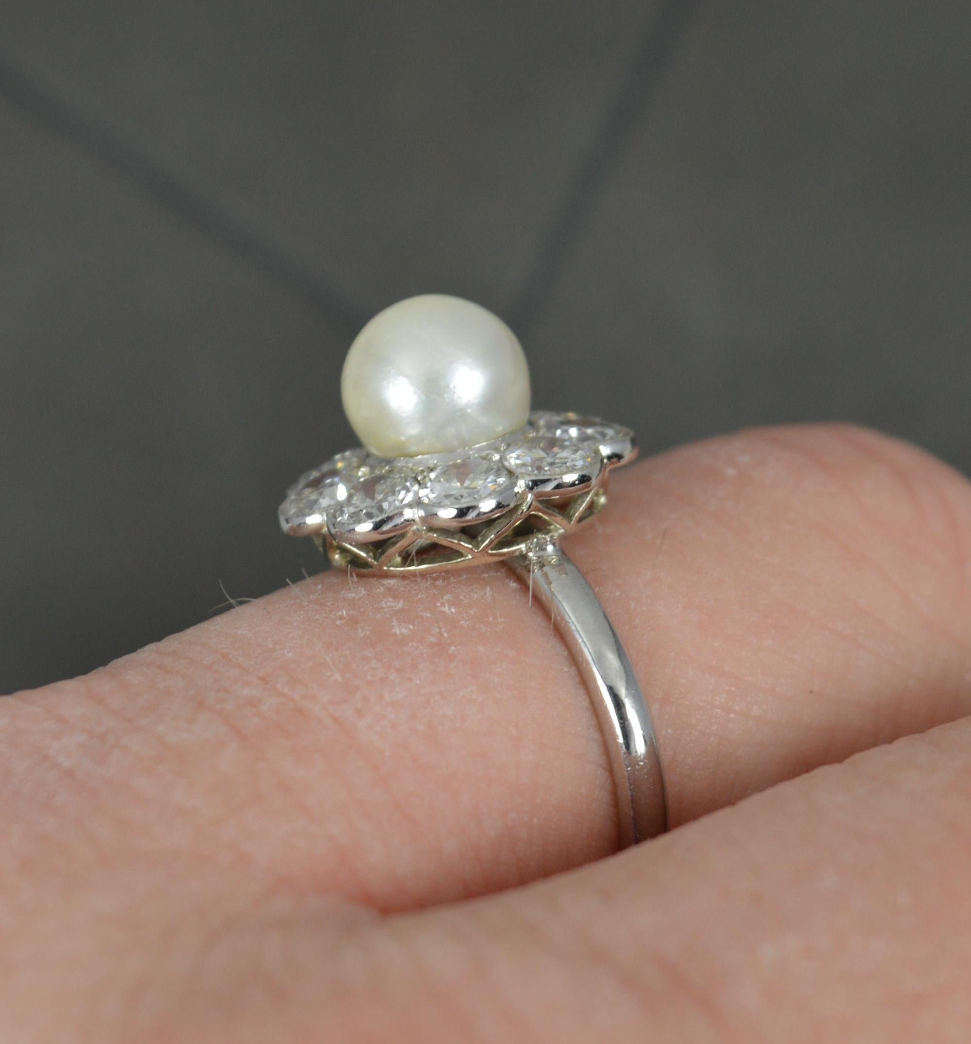Stunning Edwardian Platinum Pearl and 2ct Old Cut Diamond Cluster Ring In Good Condition For Sale In St Helens, GB