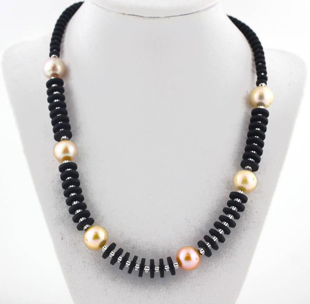 Mixed Cut AJD Gorgeous Magnificent Elegant Natural Black Onyx & Peachy Pearl Necklace For Sale