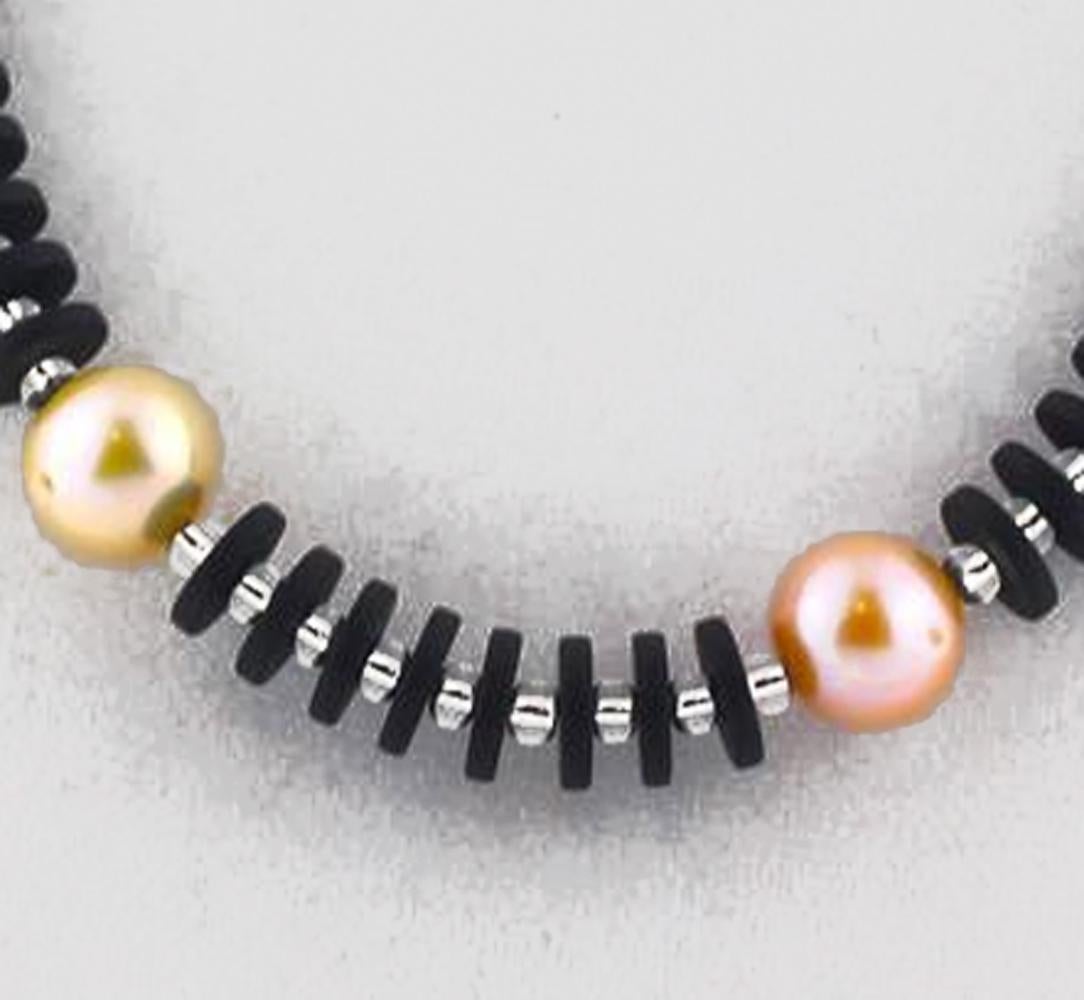 AJD Gorgeous Magnificent Elegant Natural Black Onyx & Peachy Pearl Necklace In New Condition For Sale In Raleigh, NC