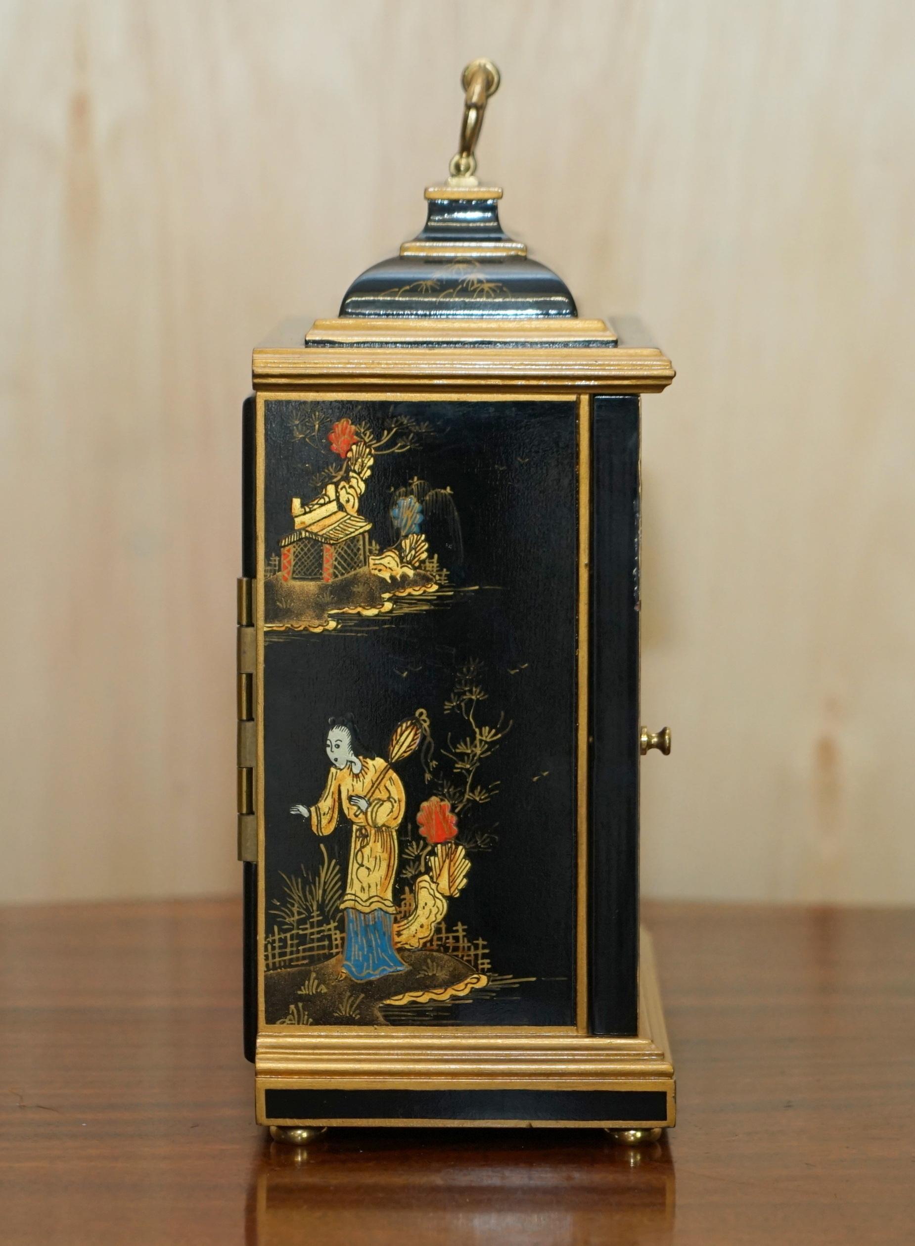 Stunning Elliott London Ltd Chinese Chinoiserie Black Lacquered Mantle Clock 4