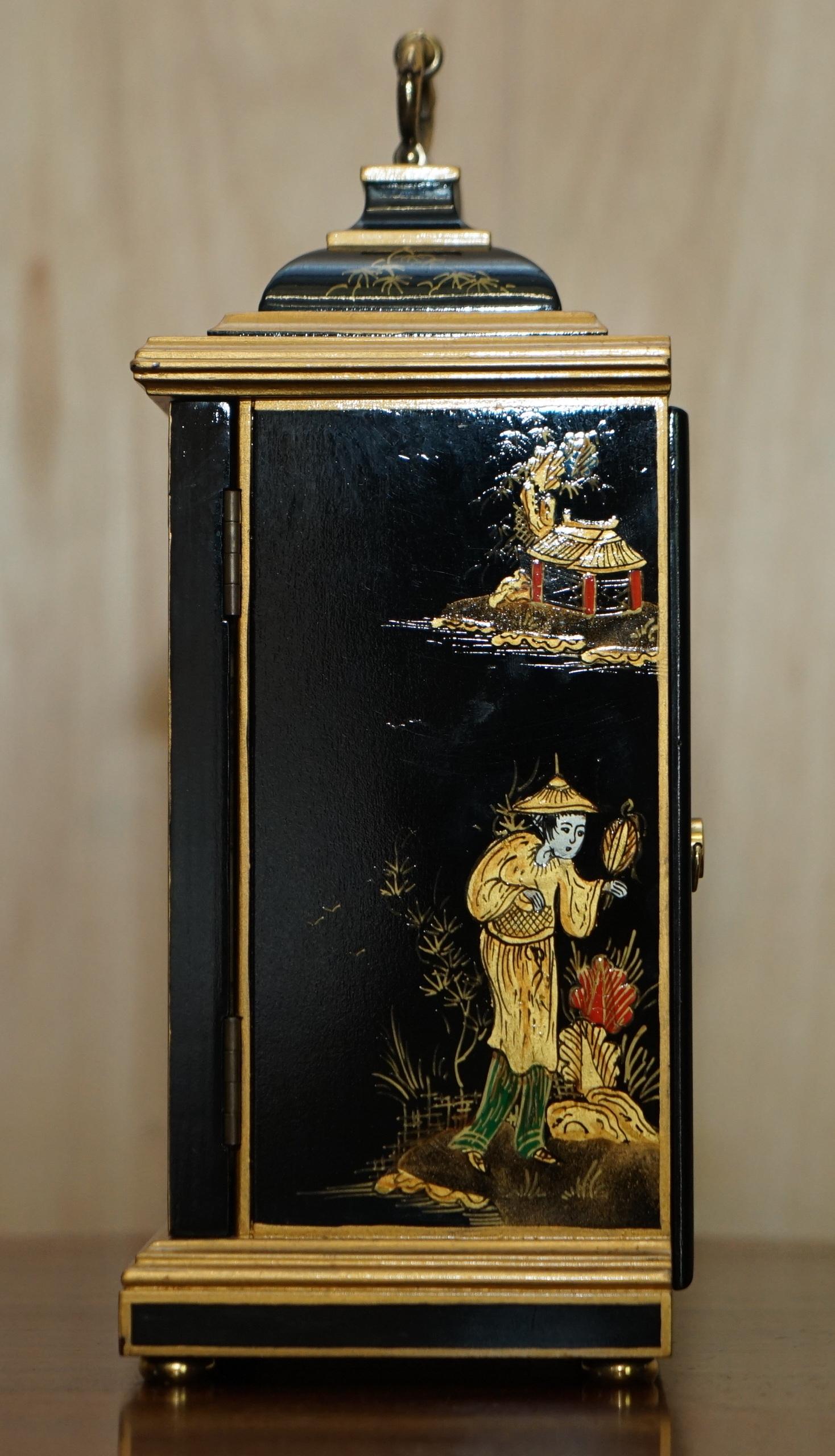 Stunning Elliott London Ltd Chinese Chinoiserie Black Lacquered Mantle Clock 10