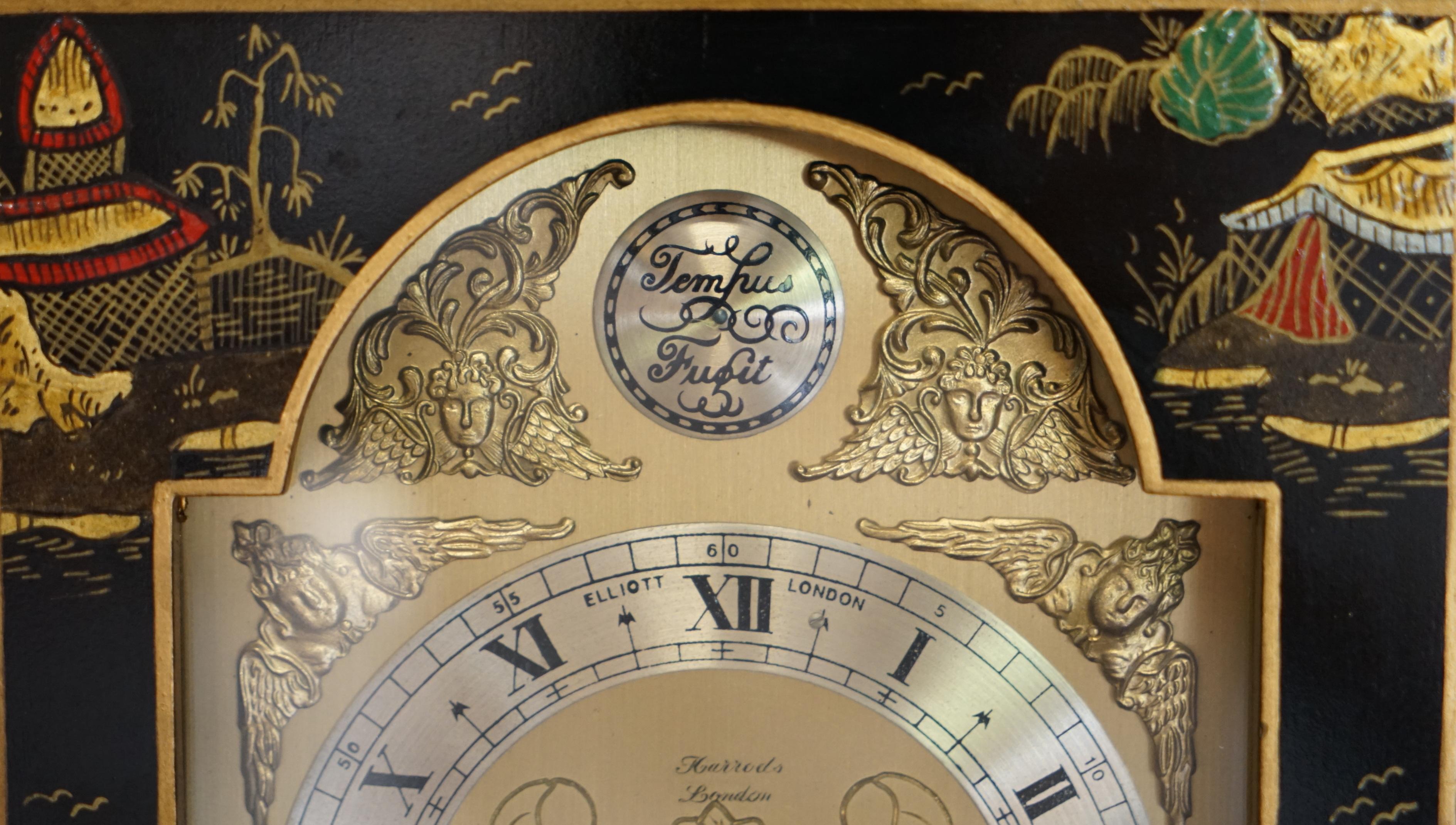 English Stunning Elliott London Ltd Chinese Chinoiserie Black Lacquered Mantle Clock