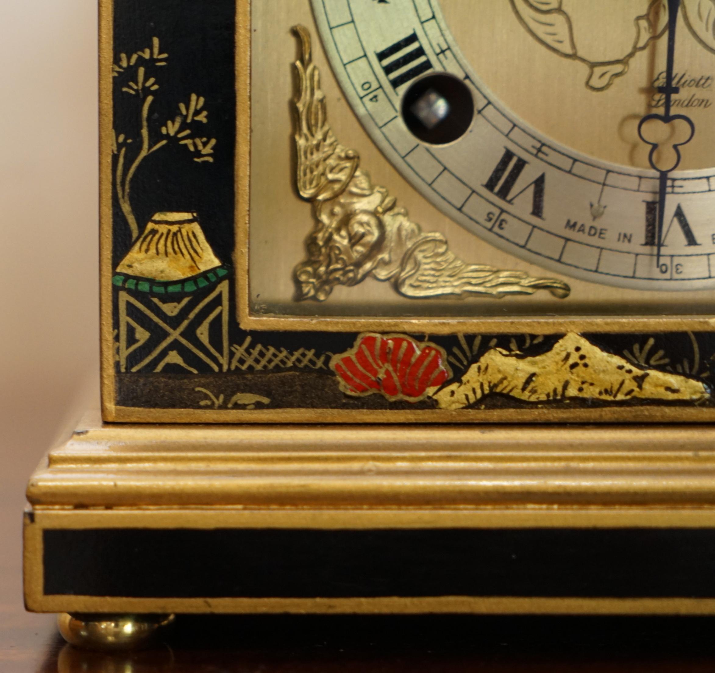 Brass Stunning Elliott London Ltd Chinese Chinoiserie Black Lacquered Mantle Clock