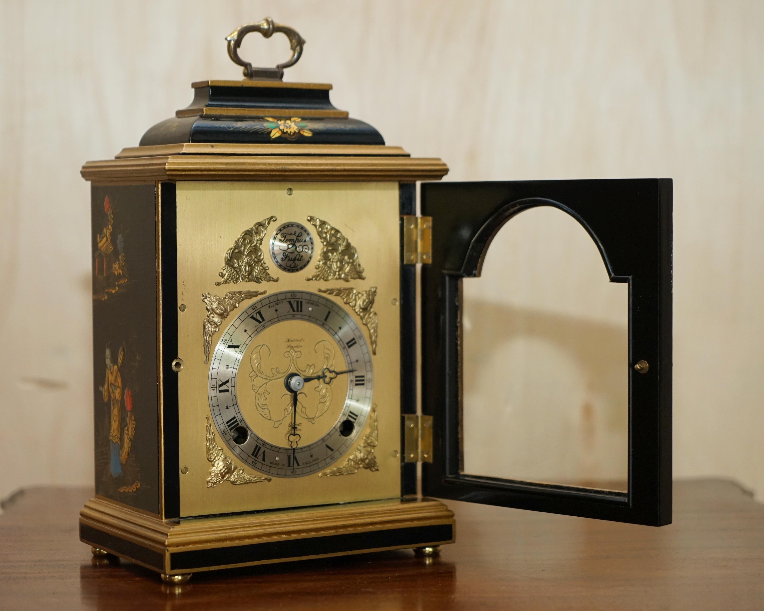 Stunning Elliott London Ltd Chinese Chinoiserie Black Lacquered Mantle Clock 1