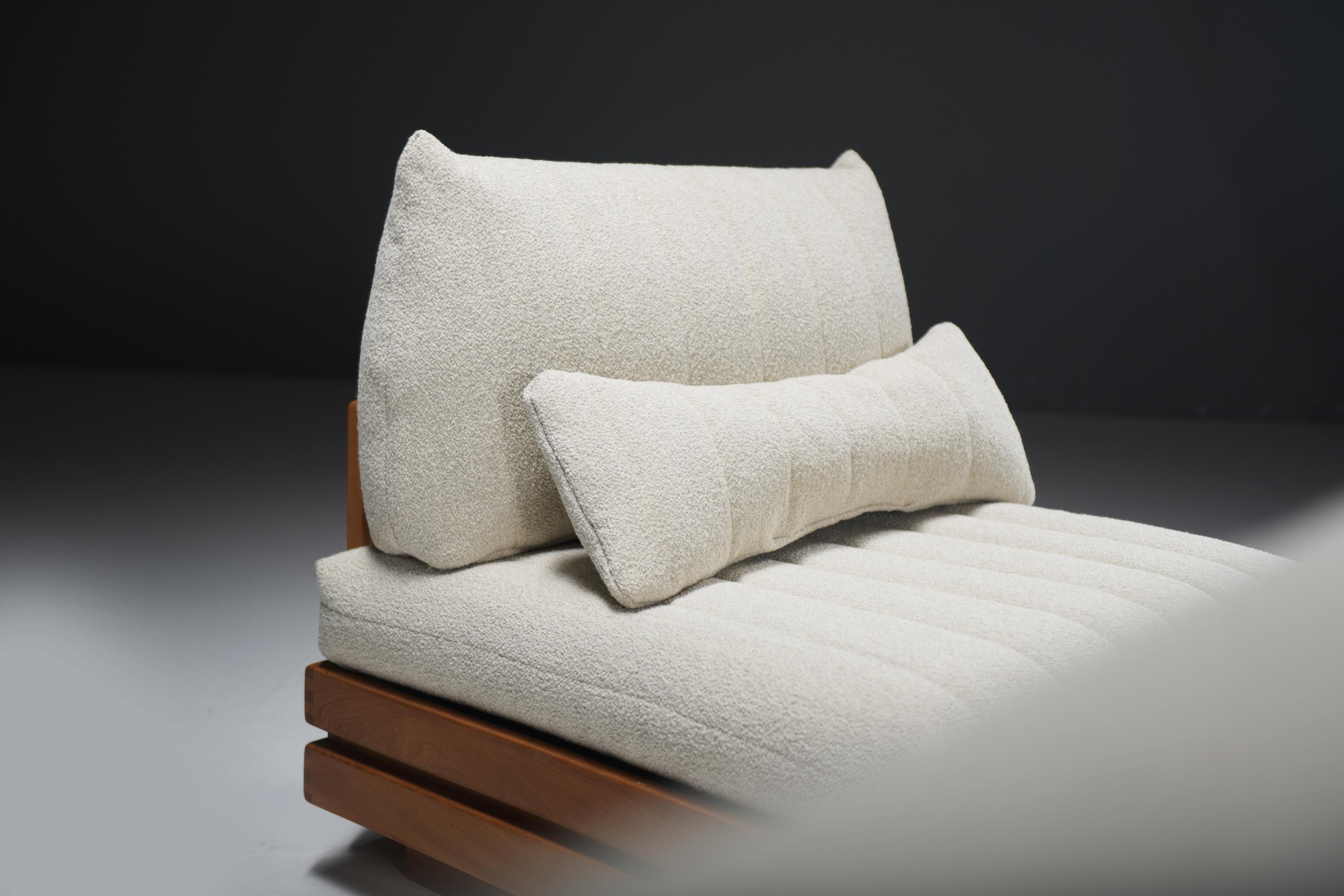 Wood Stunning Elm wooden lounge set in bouclé by Maison Regain France 1970s For Sale