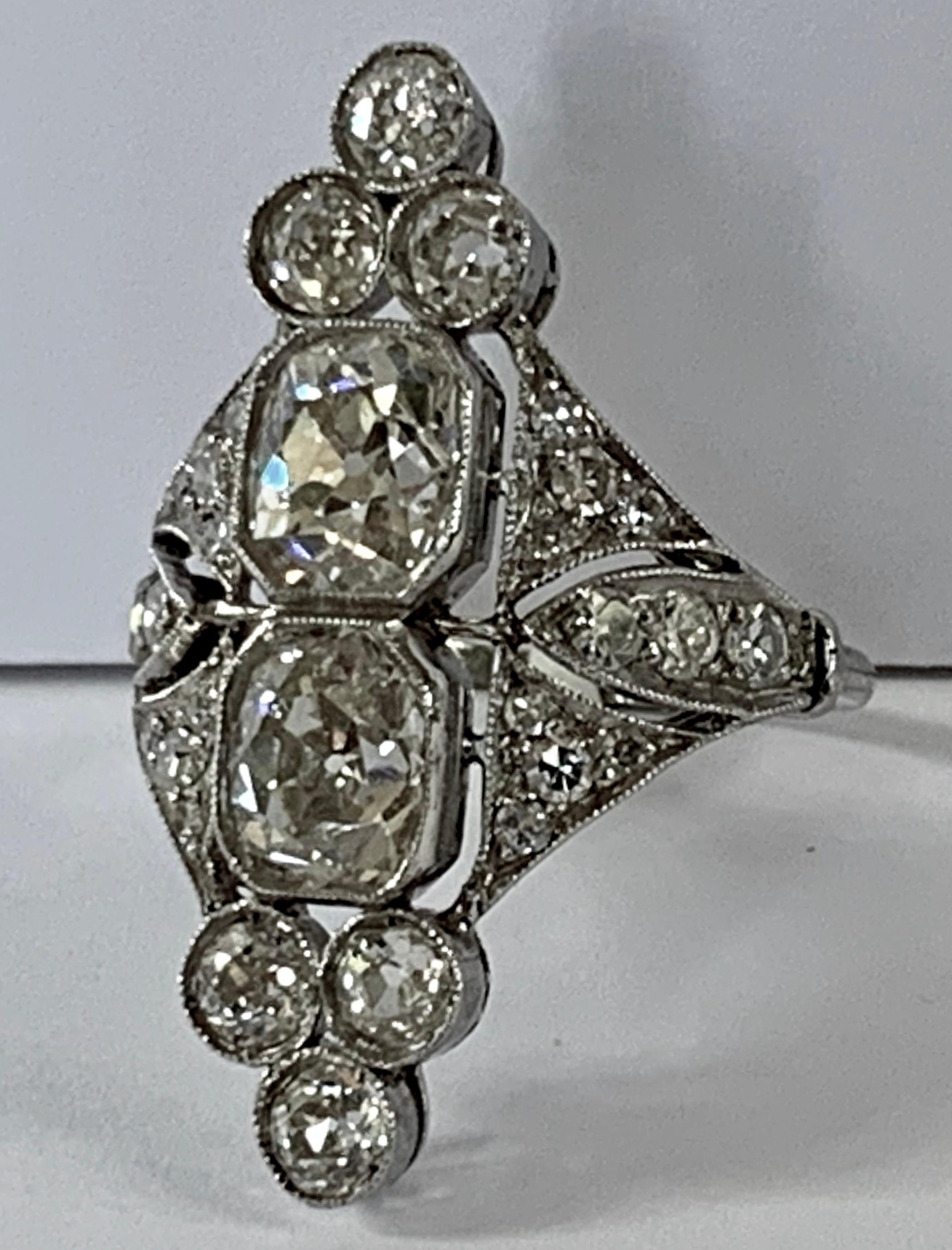 Round Cut Stunning Elongated Platinum Art Deco Diamond Ring
