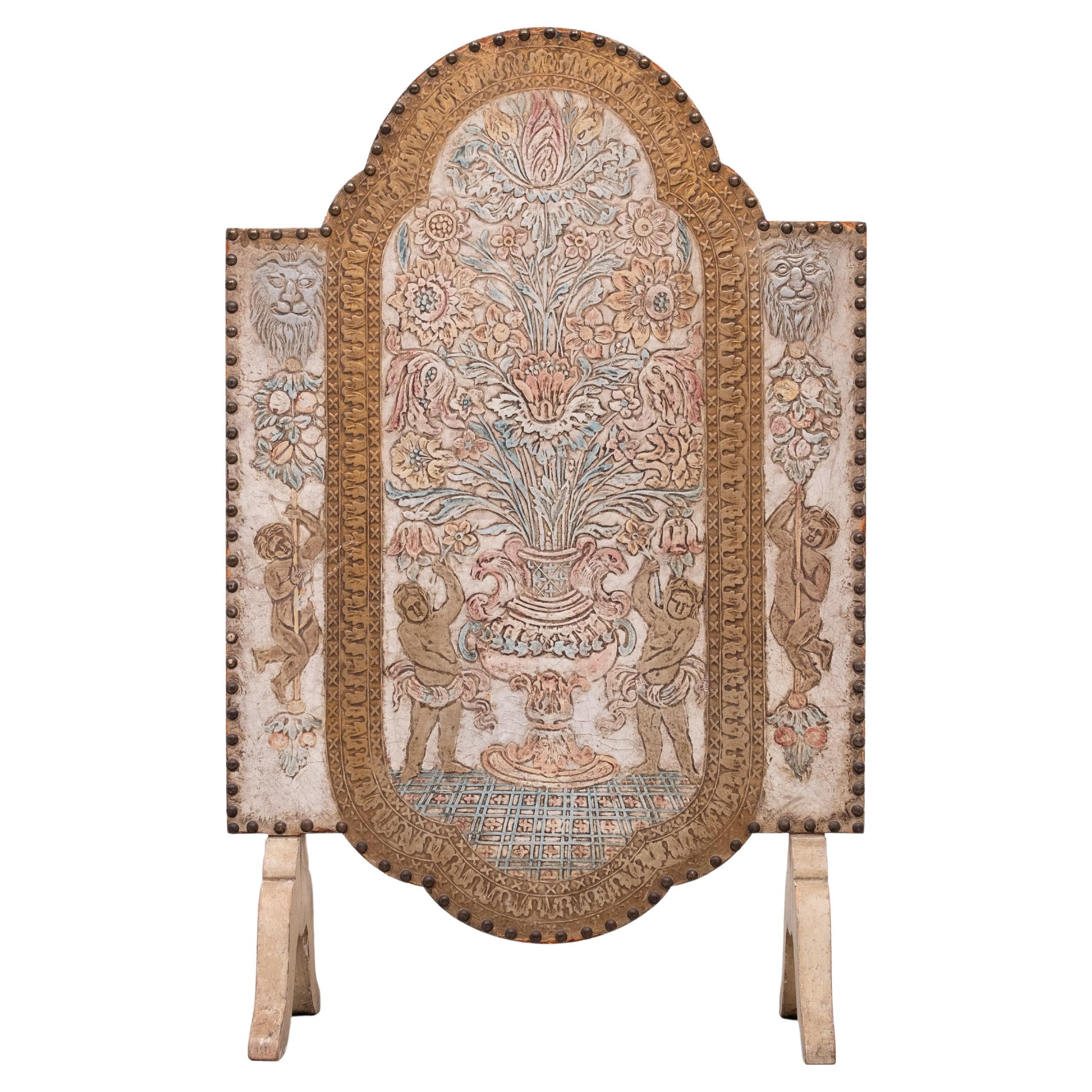 Stunning embossed Leather fire place screen  1950s Italy