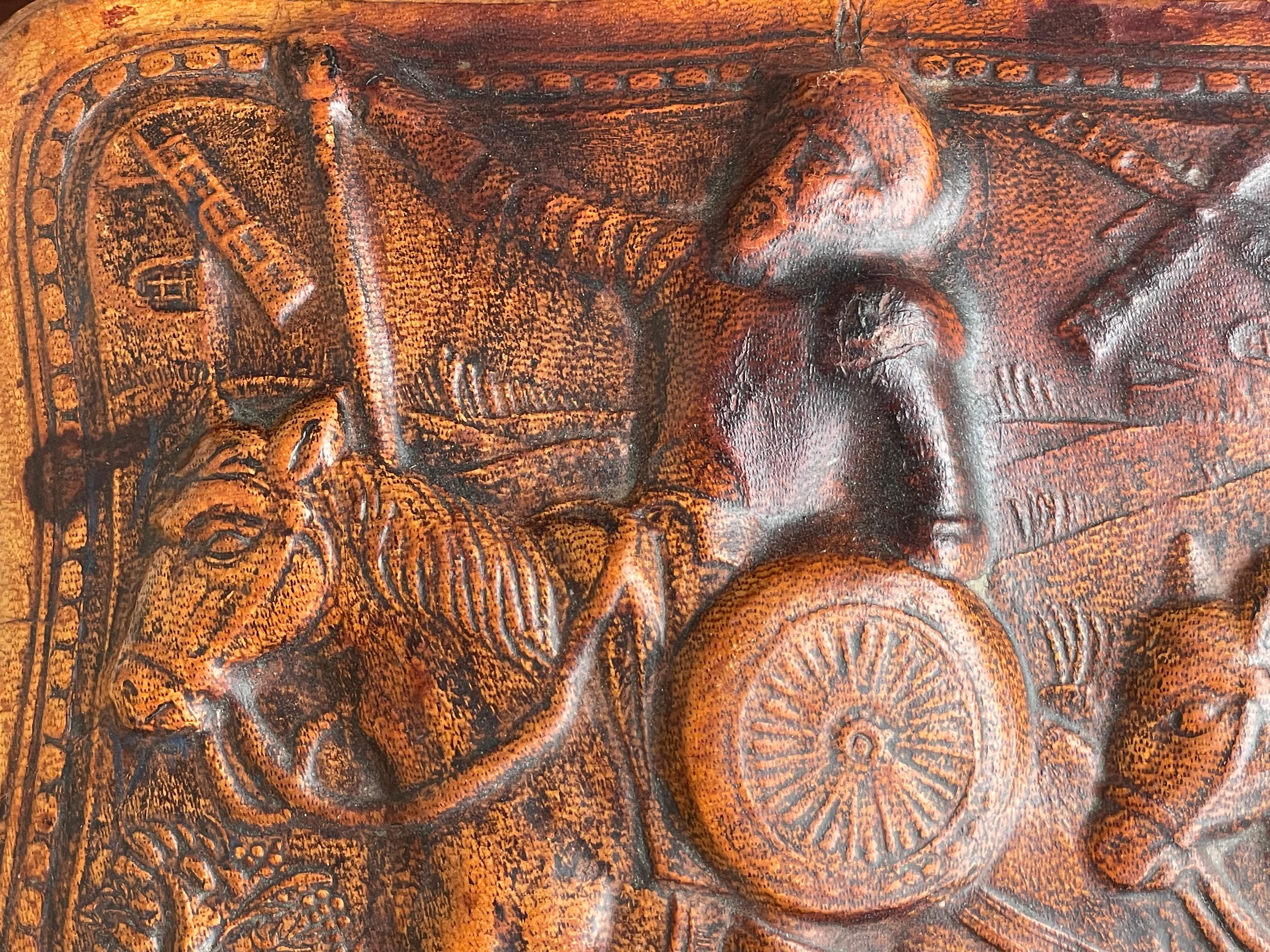 Stunning Embossed Leather on Wooden Box w. Don Quixote & Sancho Panza Sculptures For Sale 11