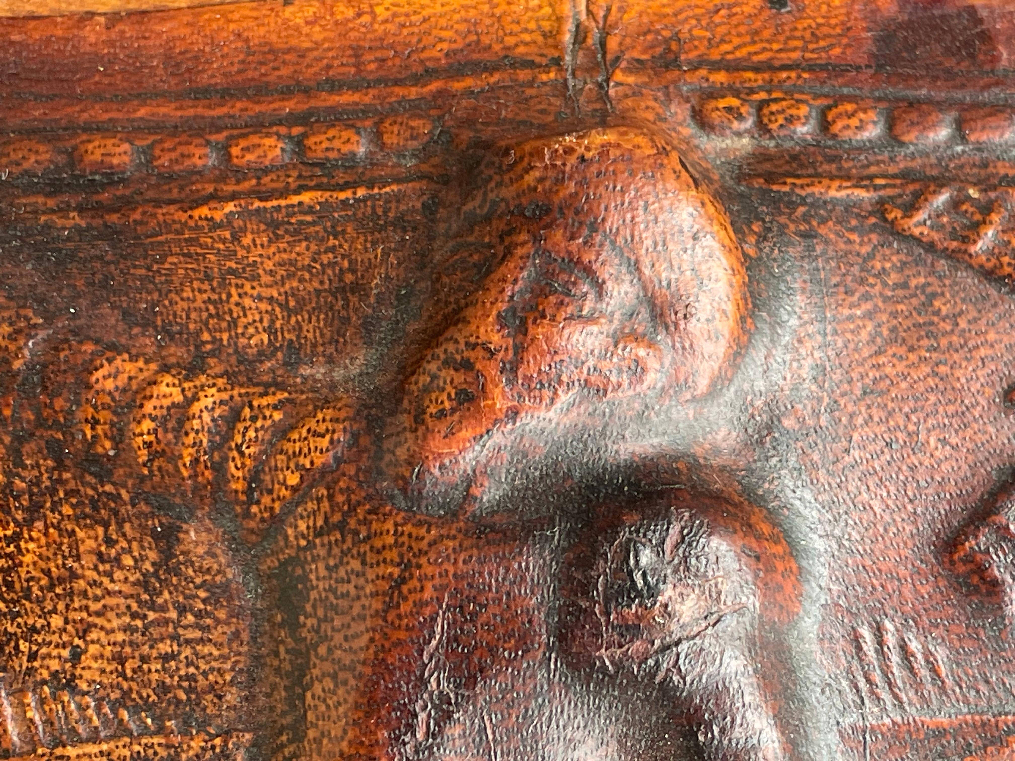 Stunning Embossed Leather on Wooden Box w. Don Quixote & Sancho Panza Sculptures For Sale 12
