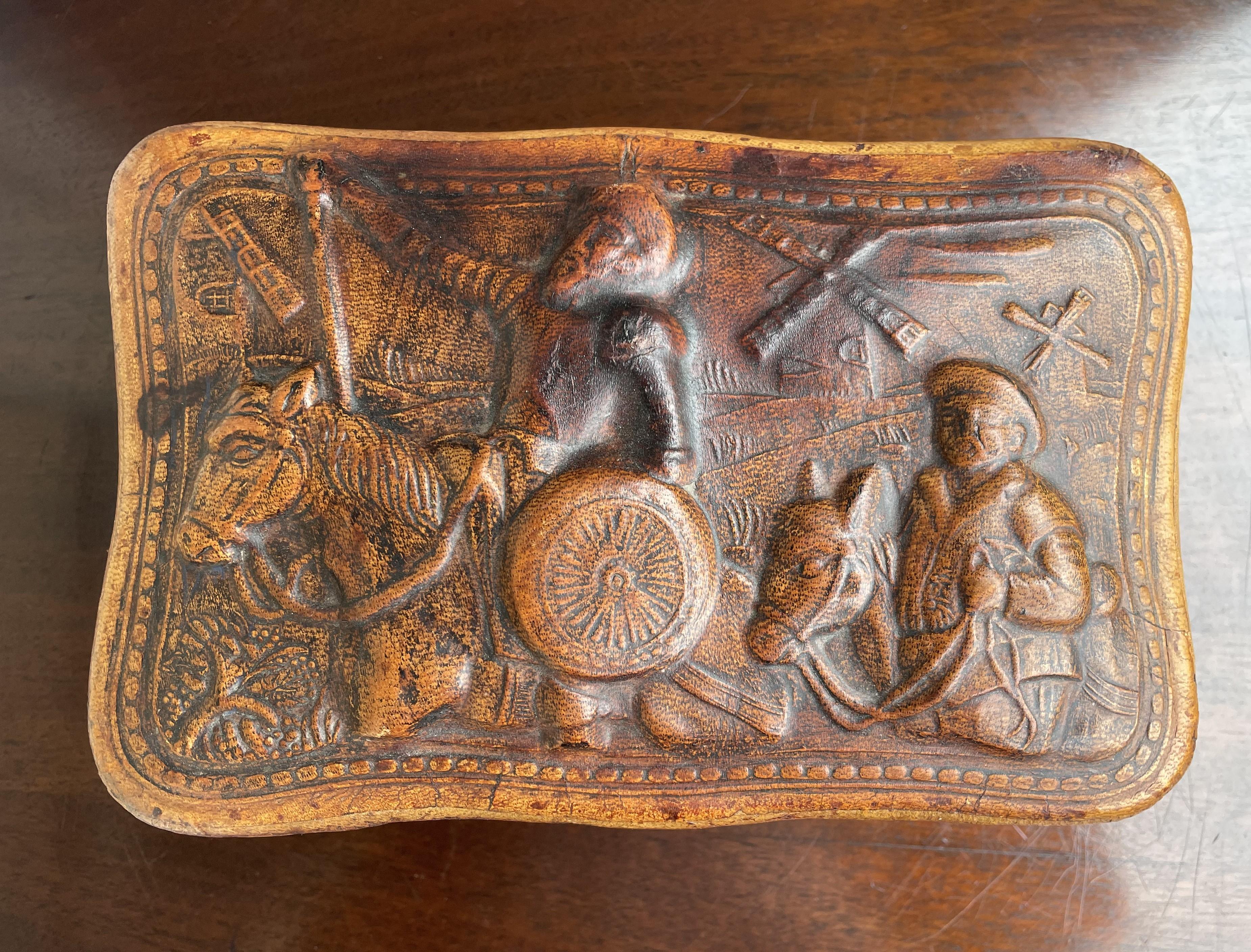 Renaissance Stunning Embossed Leather on Wooden Box w. Don Quixote & Sancho Panza Sculptures For Sale
