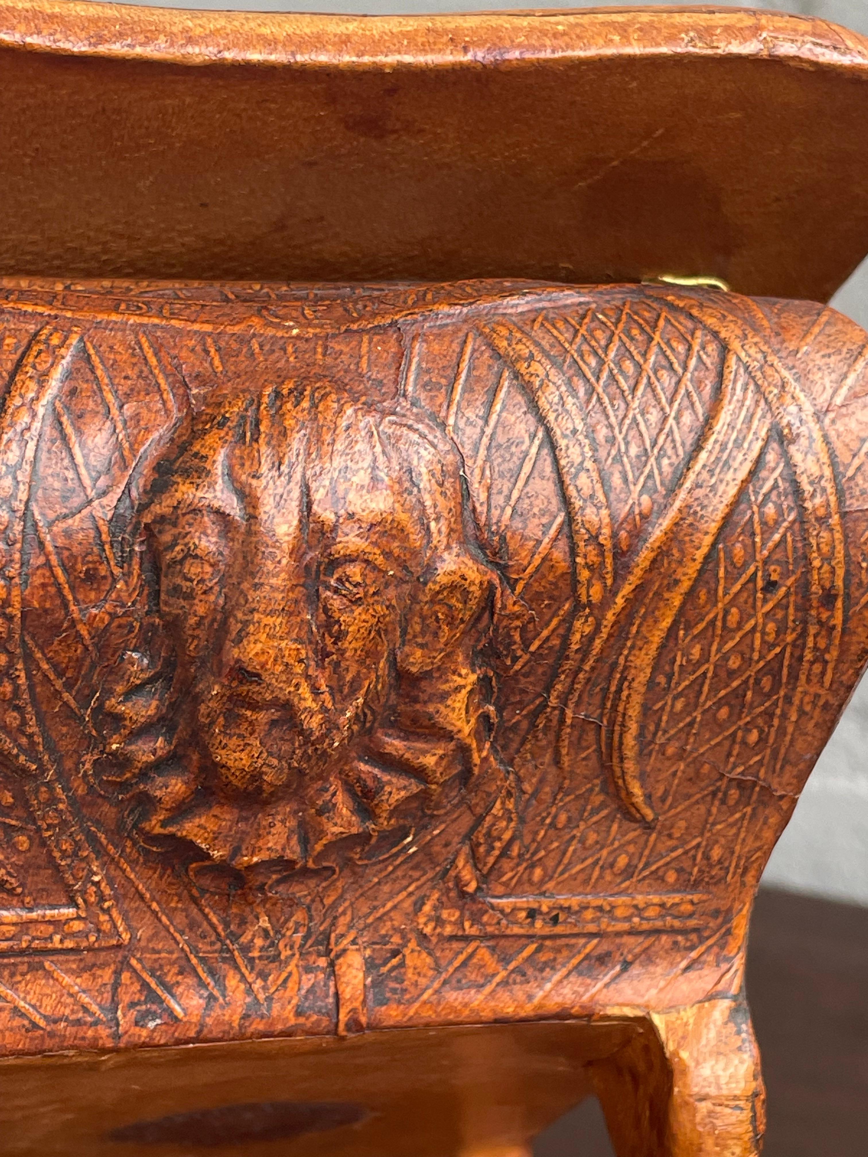 Stunning Embossed Leather on Wooden Box w. Don Quixote & Sancho Panza Sculptures For Sale 1