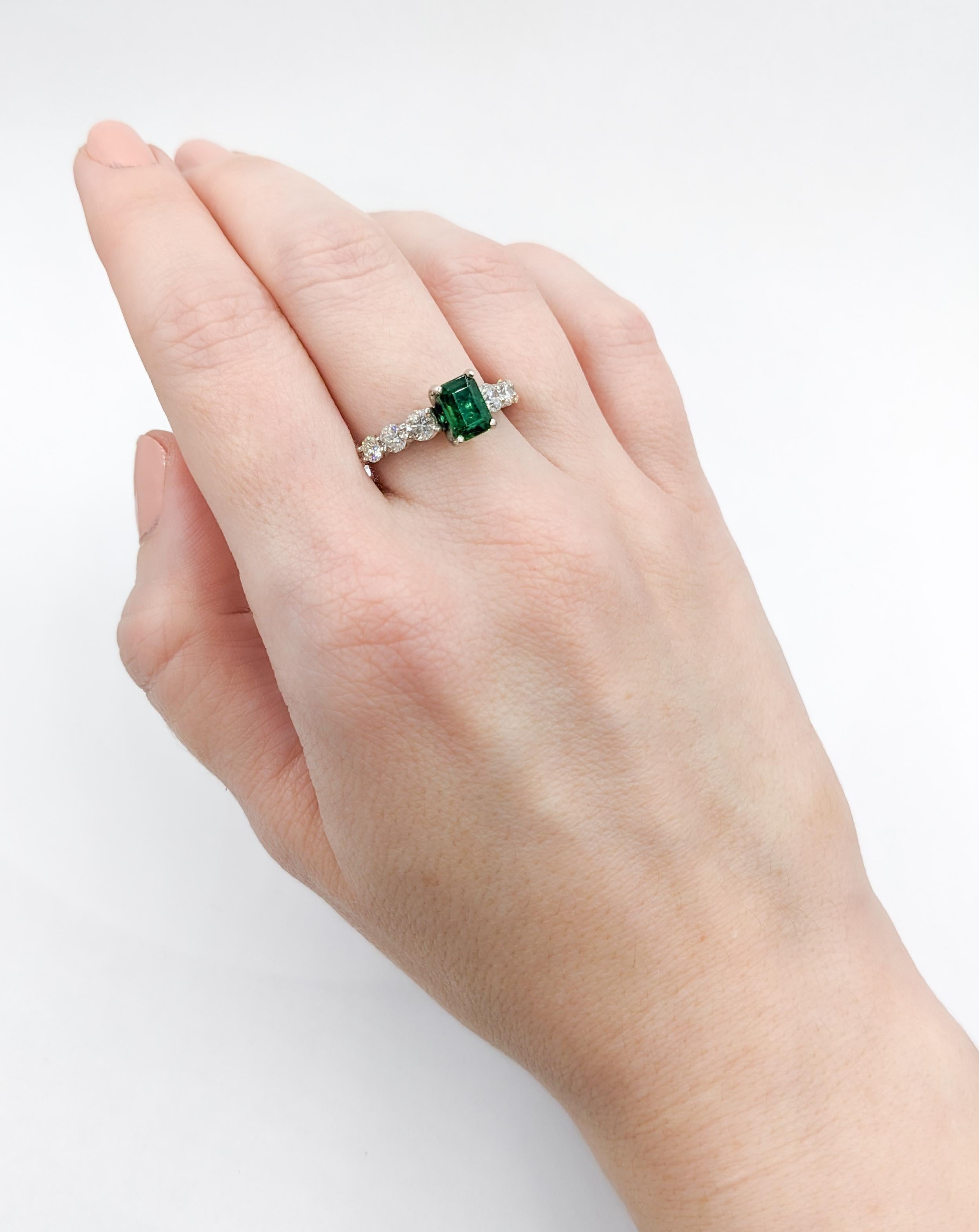 Stunning Emerald and Graduated Diamond Ring in 14K White Gold For Sale 4