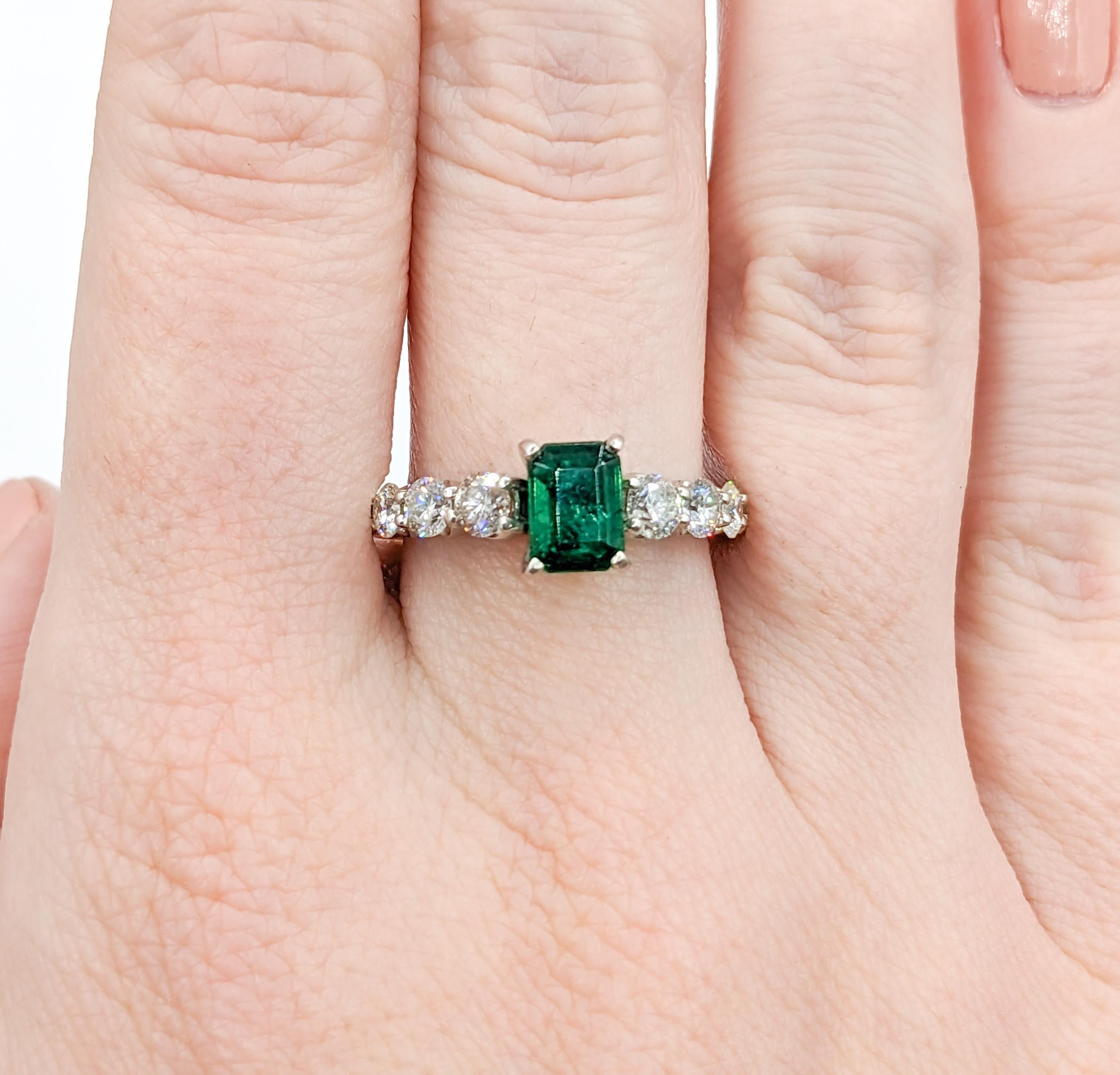 Stunning Emerald and Graduated Diamond Ring in 14K White Gold For Sale 5