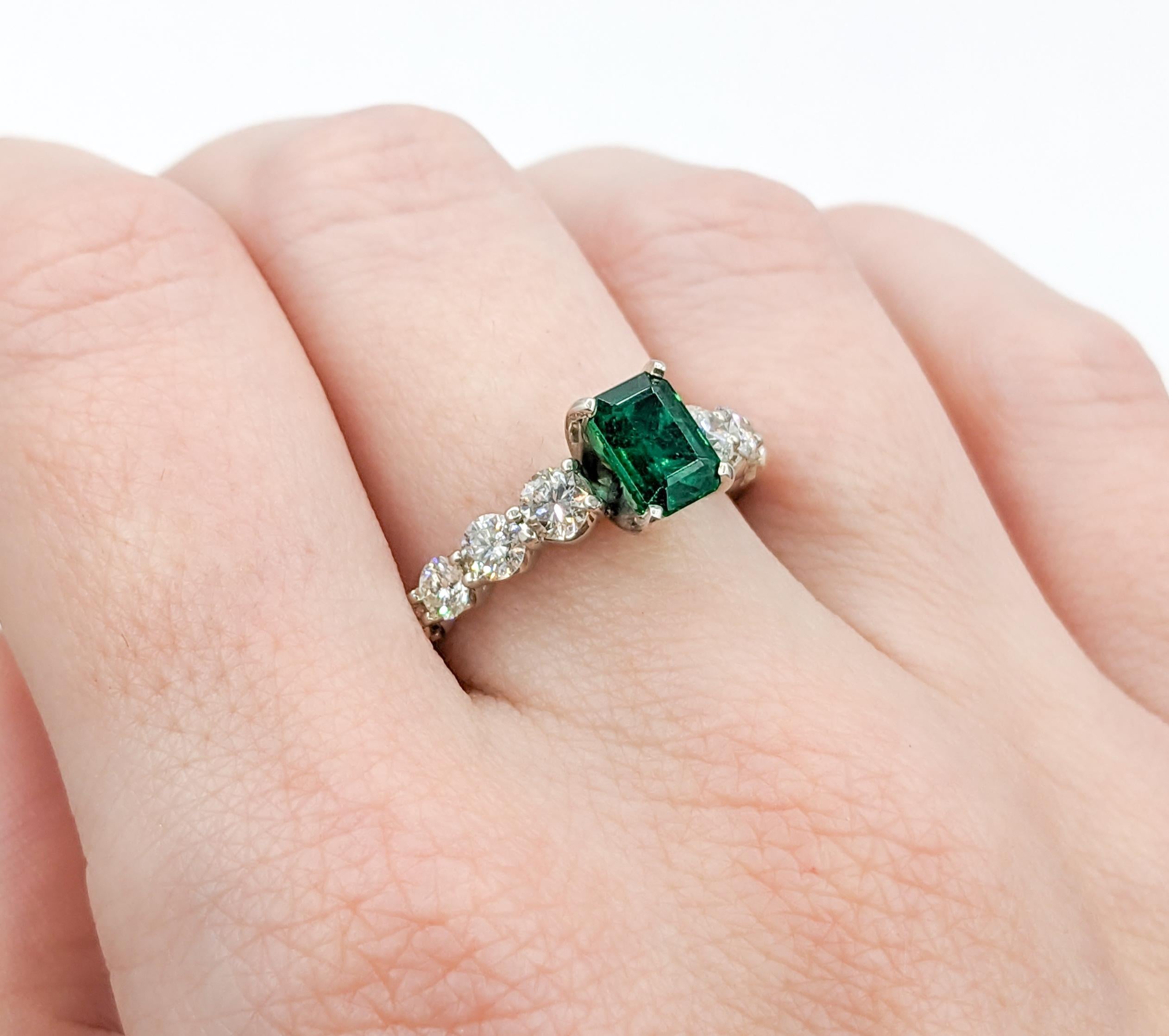 Stunning Emerald and Graduated Diamond Ring in 14K White Gold For Sale 6