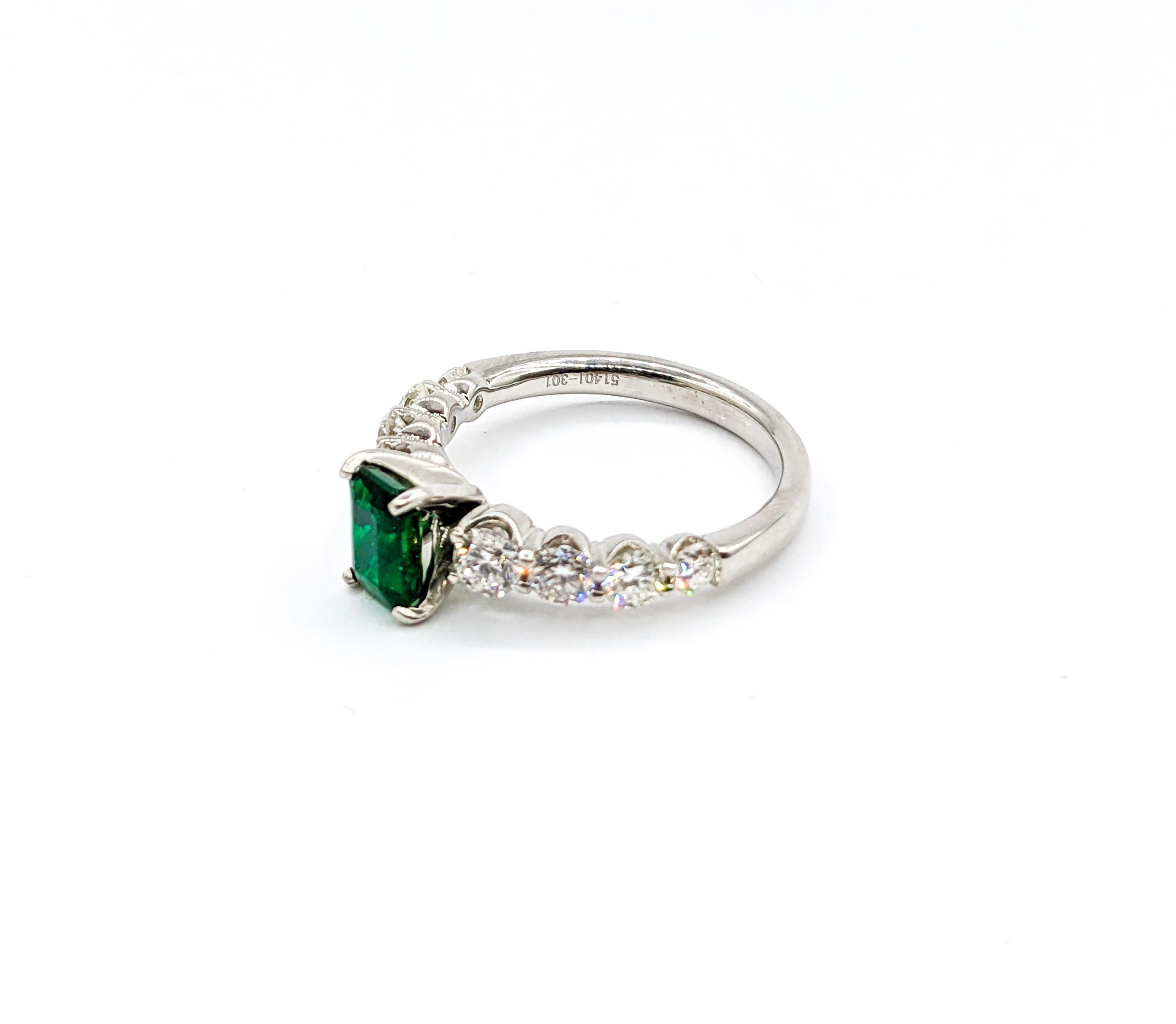 Women's Stunning Emerald and Graduated Diamond Ring in 14K White Gold For Sale