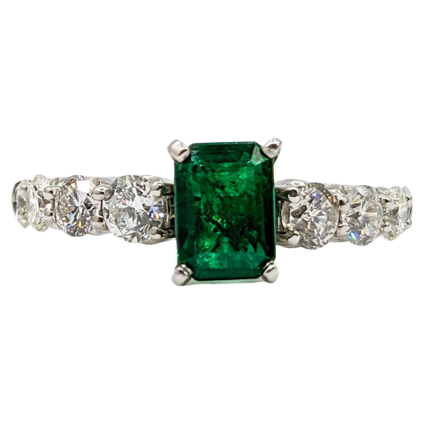 Stunning Emerald and Graduated Diamond Ring in 14K White Gold For Sale