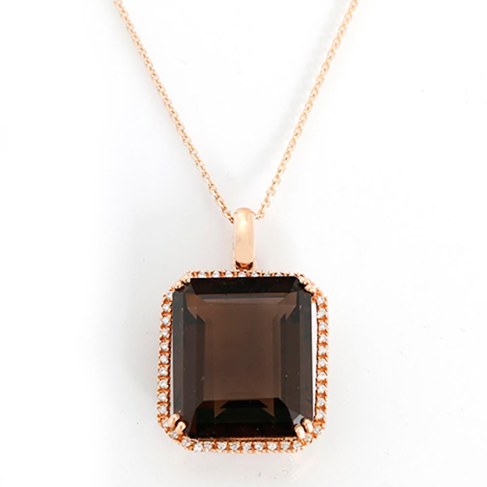 Superbe collier pendentif en or rose, diamants et quartz fumé taille émeraude Neuf - En vente à Dallas, TX
