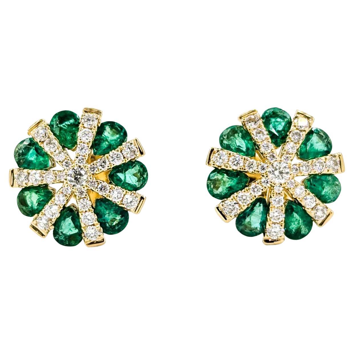 Stunning Emerald & Diamond Stud Earring in Yellow Gold