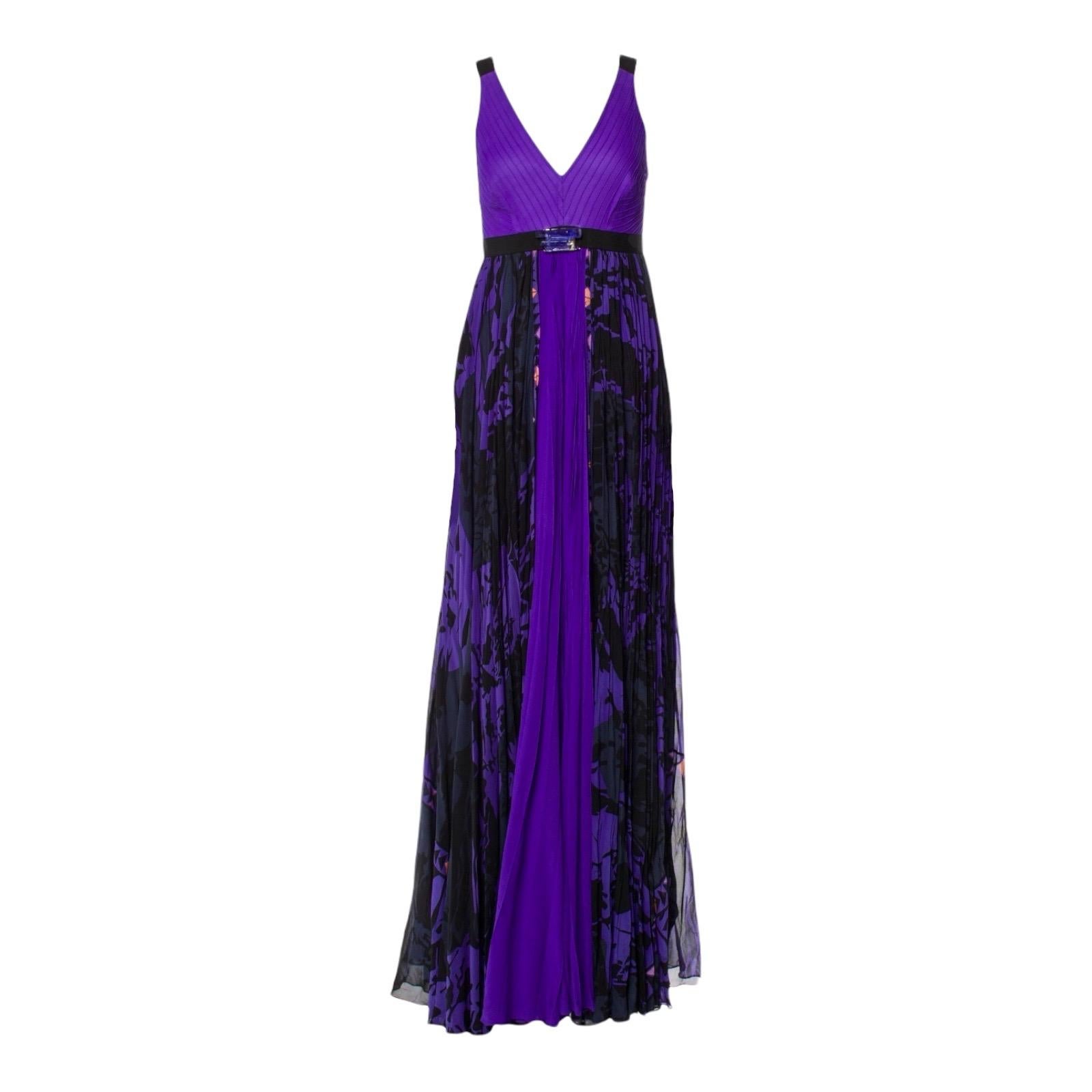 Stunning EMILIO PUCCI Purple Pleated Signature Print Evening Maxi Dress Gown M For Sale