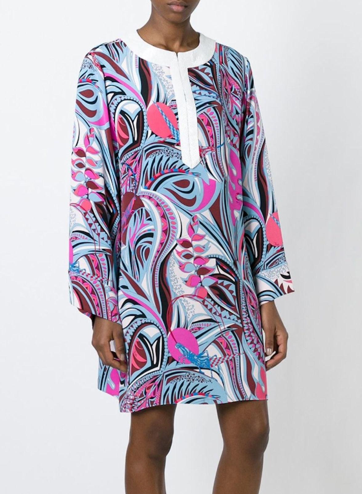 NEW Emilio Pucci Signature Print Embellished Cady Silk Tunic Kaftan Dress 44 For Sale 8