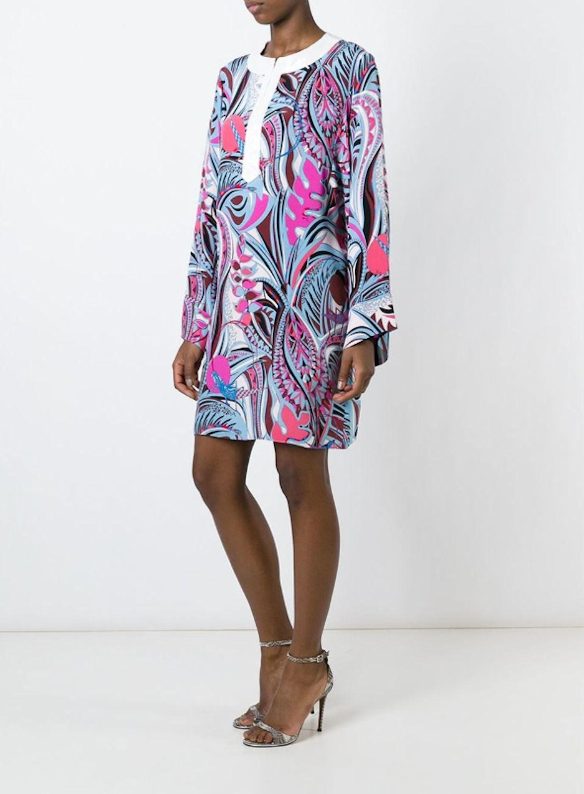 NEW Emilio Pucci Signature Print Embellished Cady Silk Tunic Kaftan Dress 44 For Sale 9