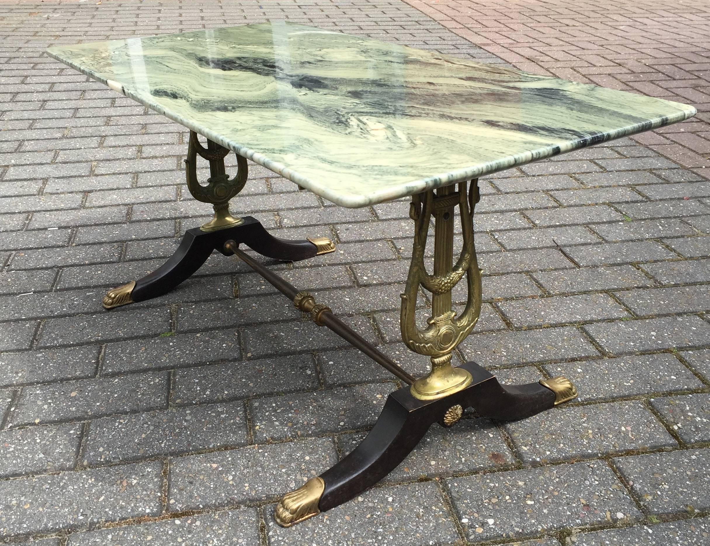 Stunning Empire Revival Coffee Table W. Bronze Swan Supports & Green Marble Top 1